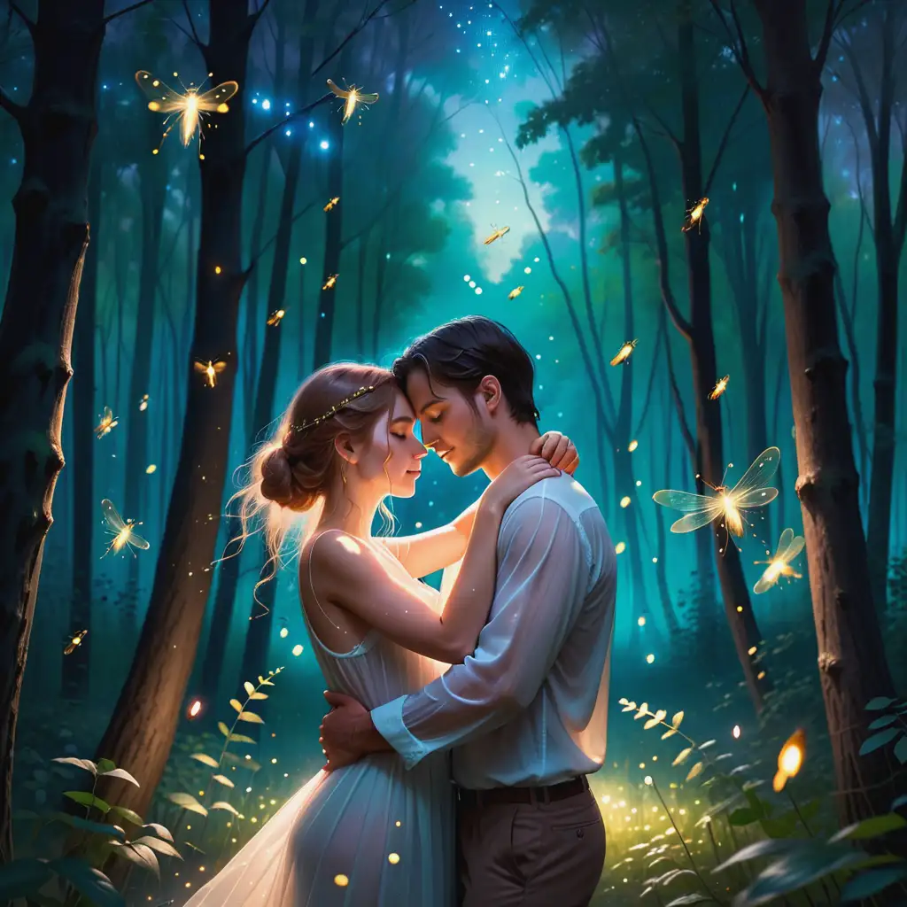 ethereal couple (man and woman) hugging each other, in the woods, fireflies all around them