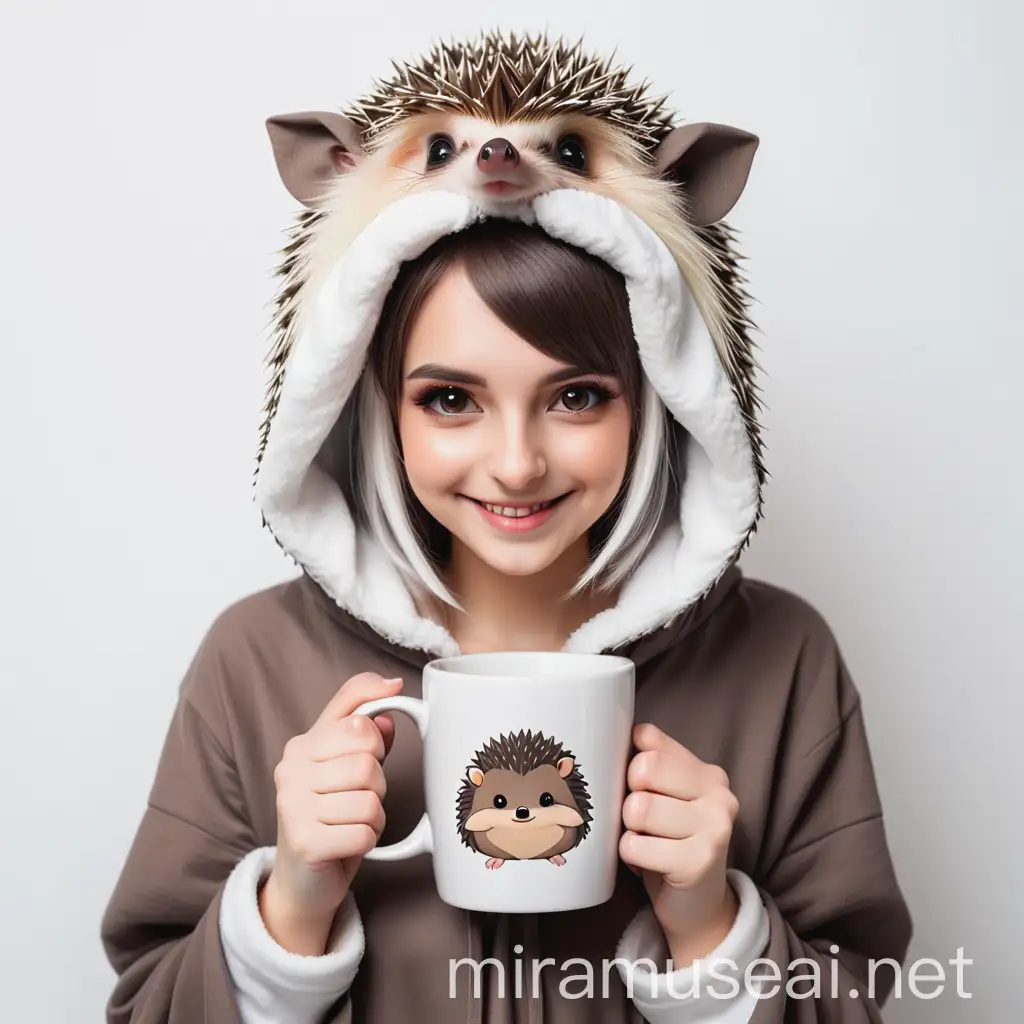 beautiful girl cosplay drawing of a hedgehog in a hood with fur smiling with a square white mug on a white background