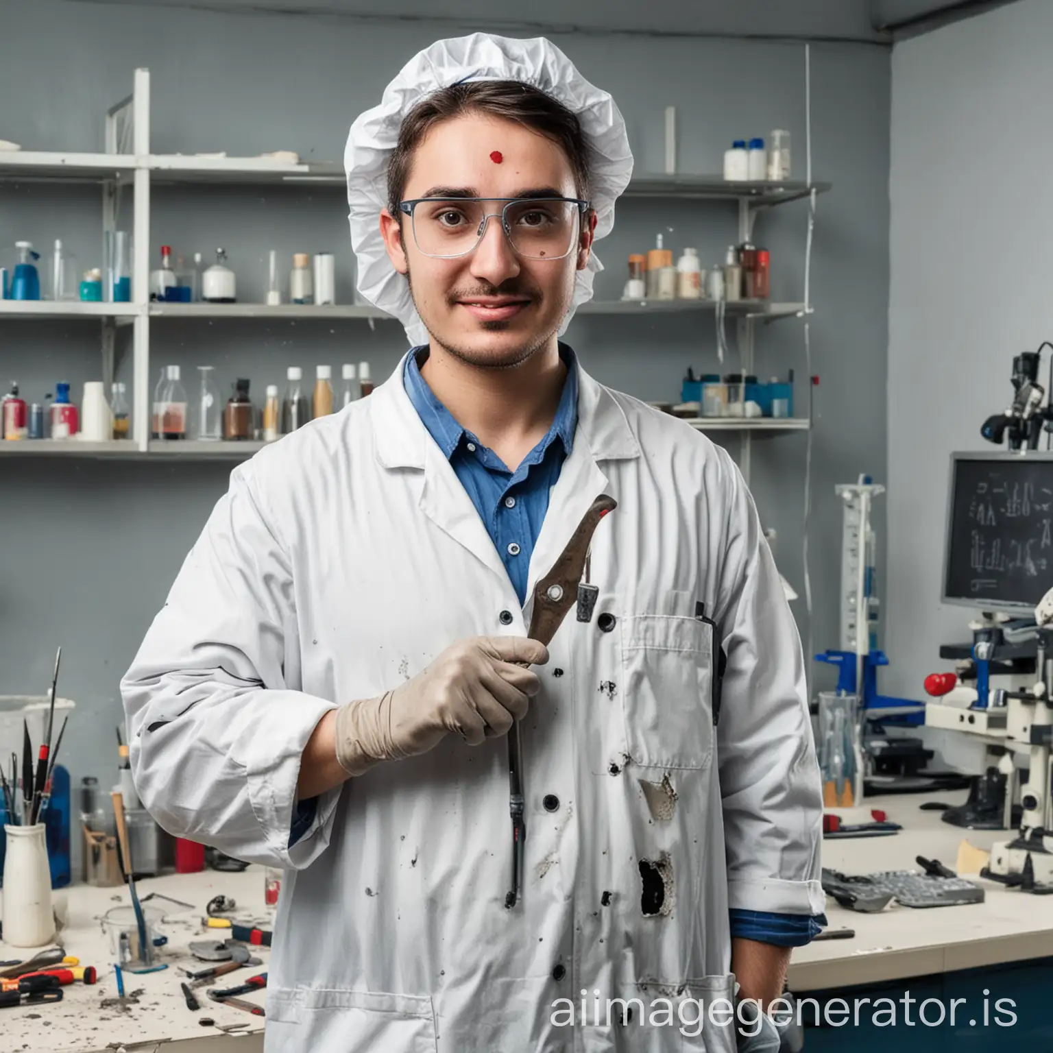 Laboratory-Devices-Service-Engineer-with-Playful-Expression-Wearing-Tattered-Clothes-and-Holding-Tools-in-Laboratory