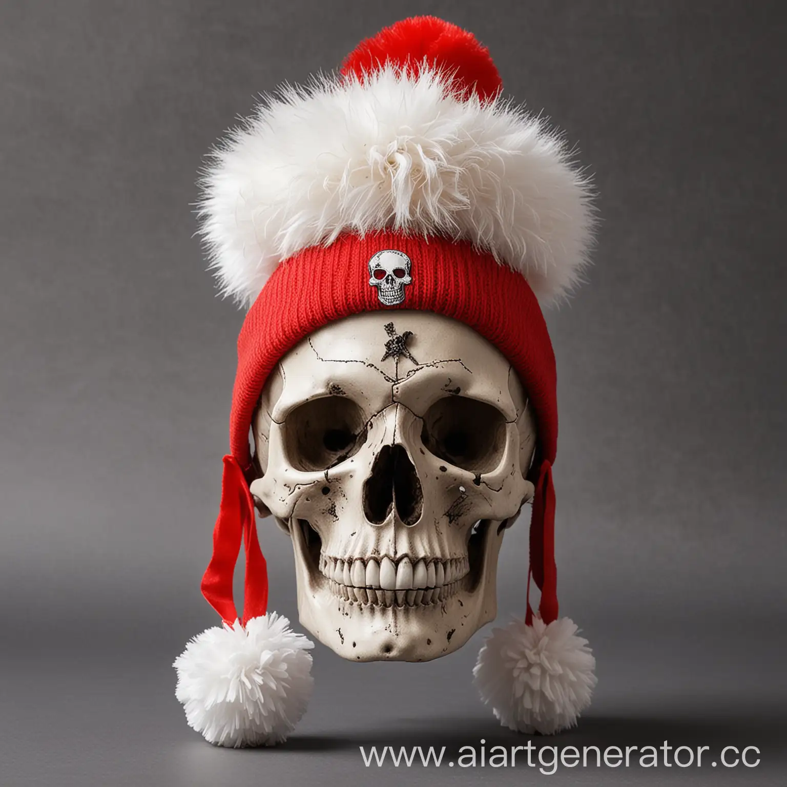 Skull-with-Red-Hat-and-White-Pompon-Festive-Skeleton-Artwork