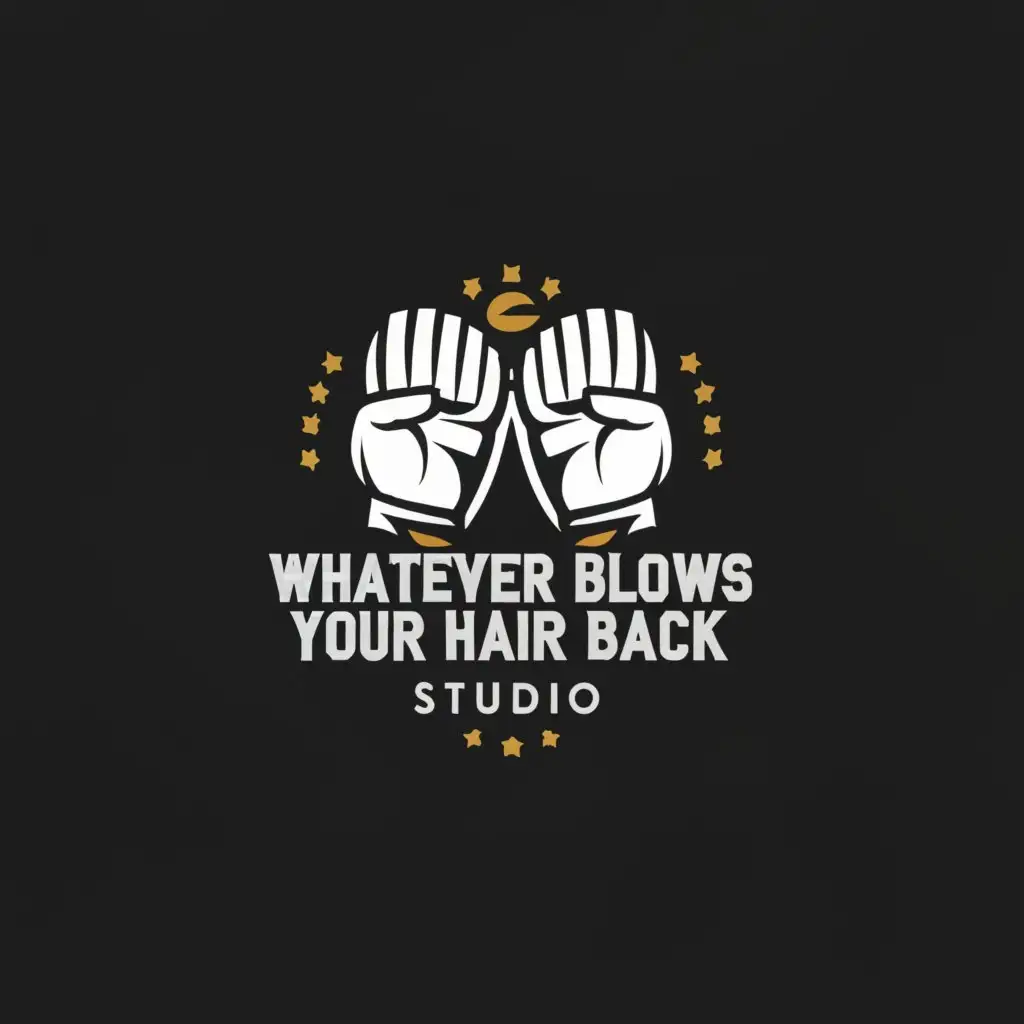 a logo design,with the text "Whatever Blows Your Hair Back Studio", main symbol:Boxing Gloves,Moderate,be used in Sports Fitness industry,clear background