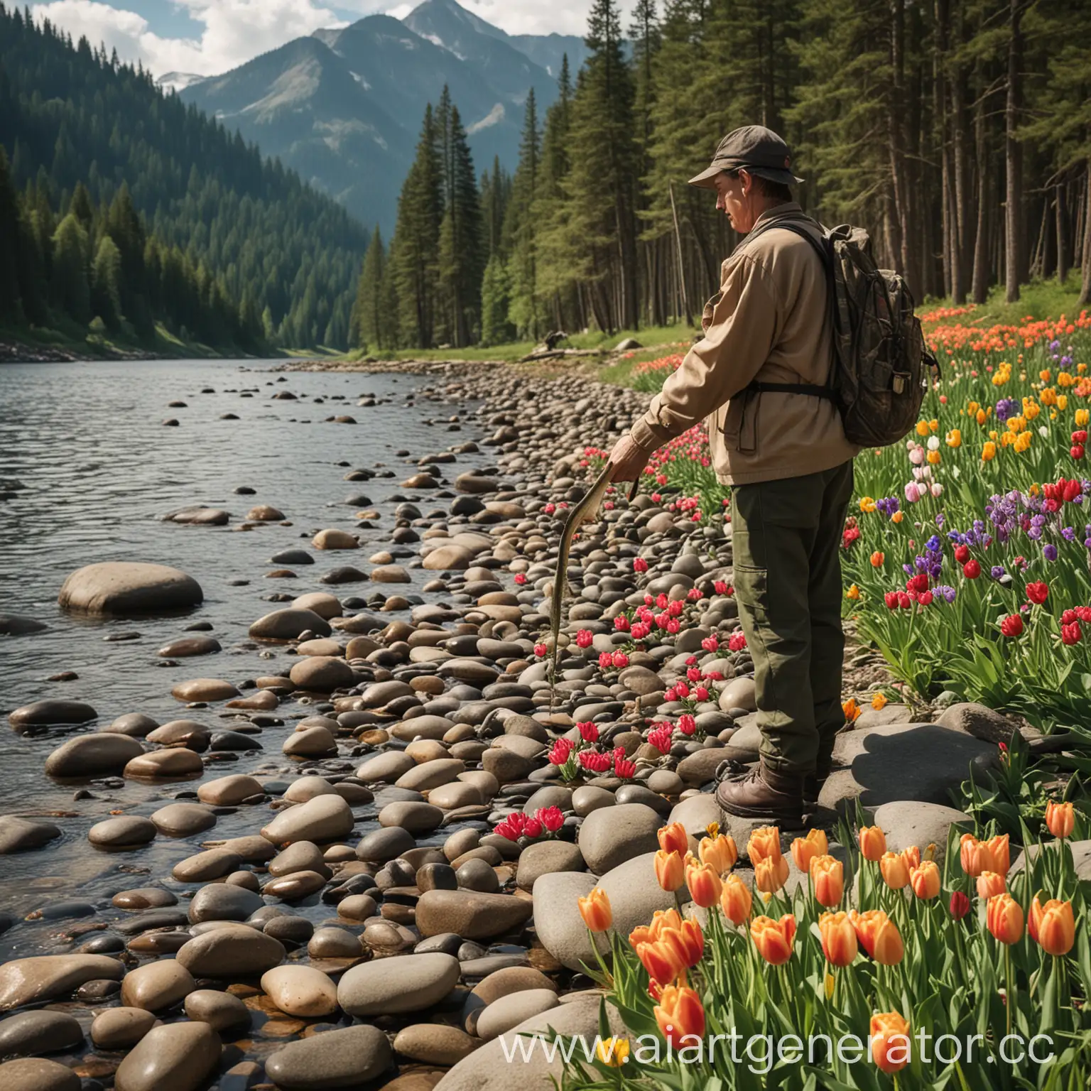 Fisherman-Holding-Pike-on-Shore-Amidst-Mountain-Forest-and-Tulips