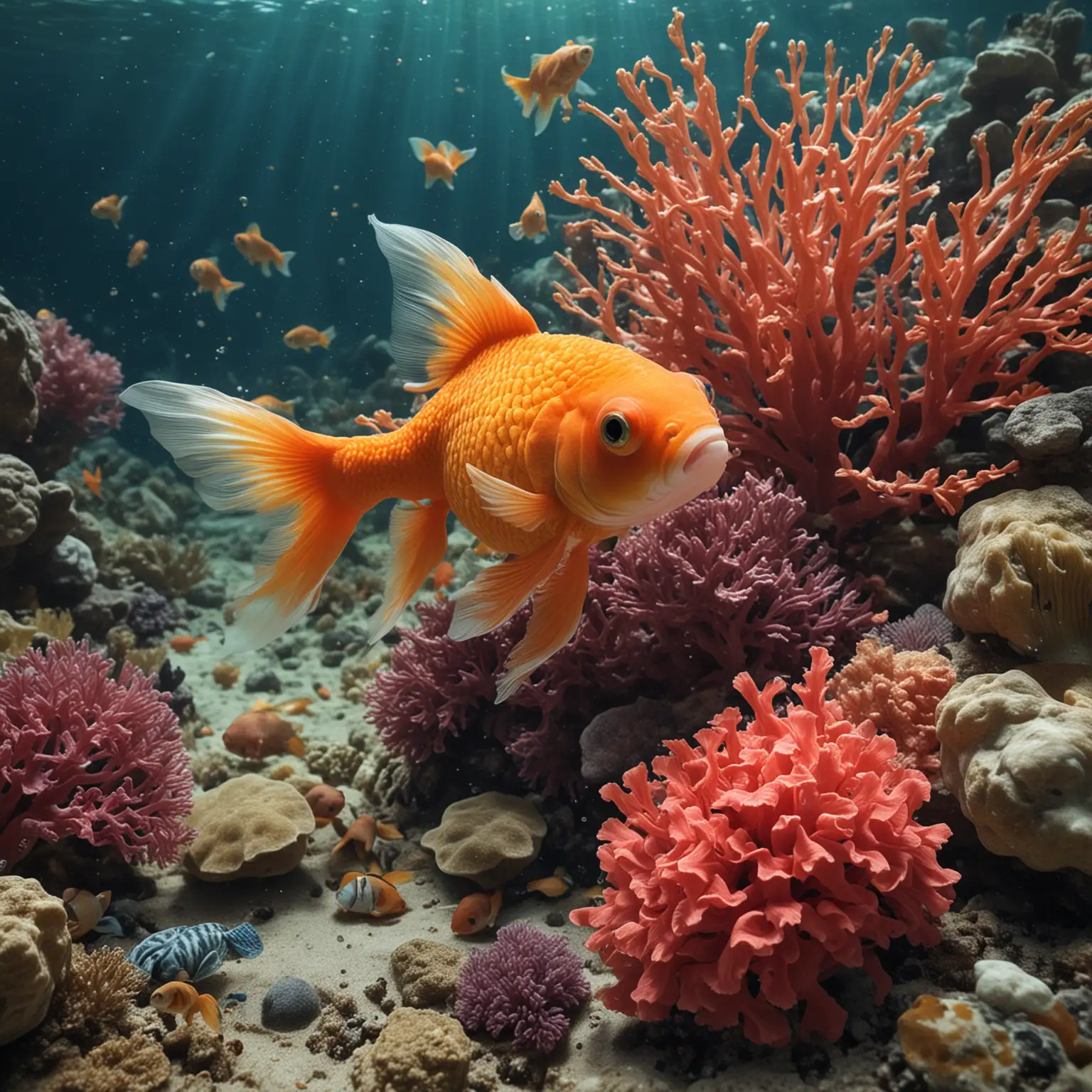 colored, sea_bottom, coral, goldfish anthropomorphism, facing the public, mysterious