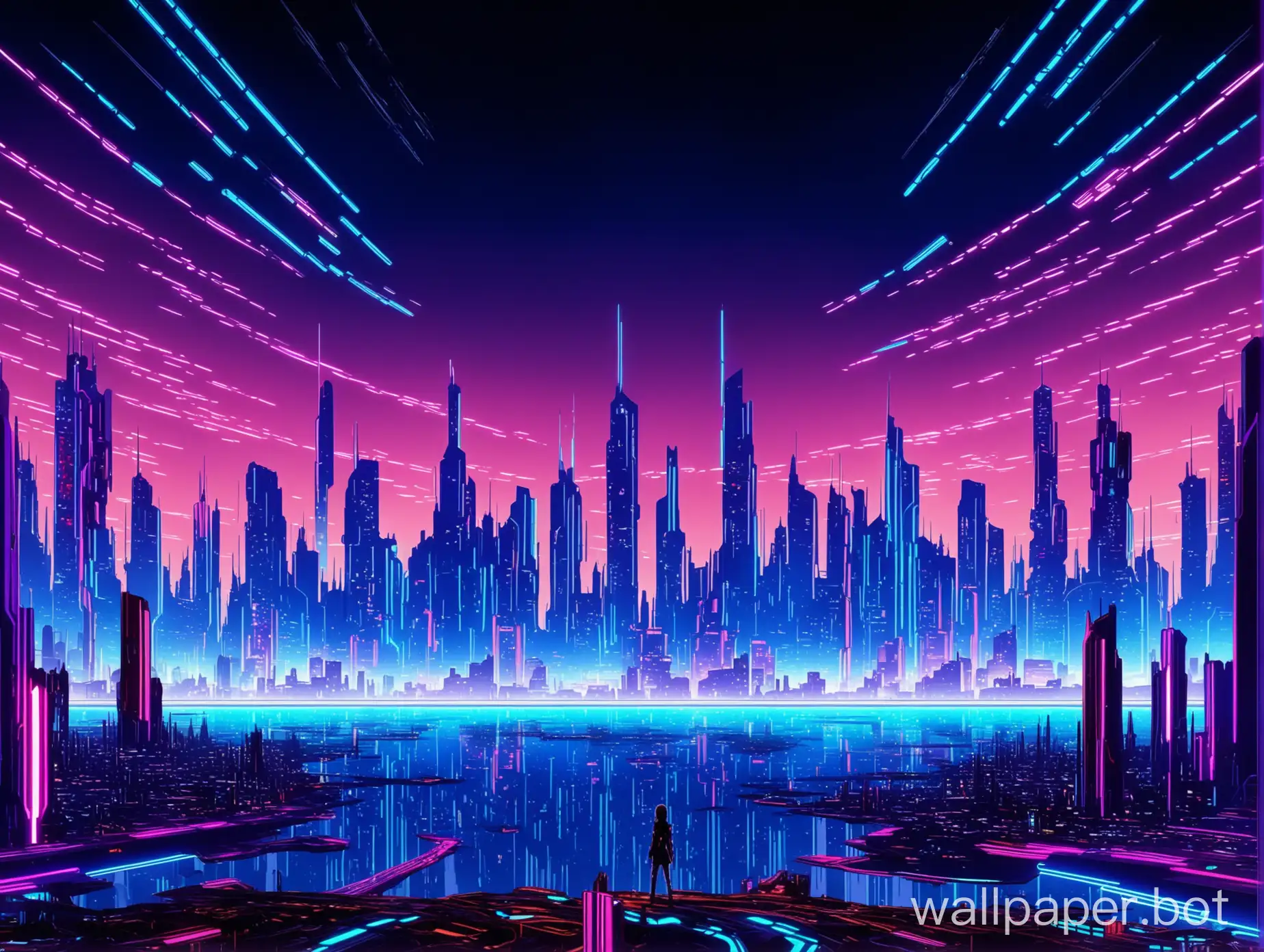 futuristic landscape, neon skyline, ground level view, anime