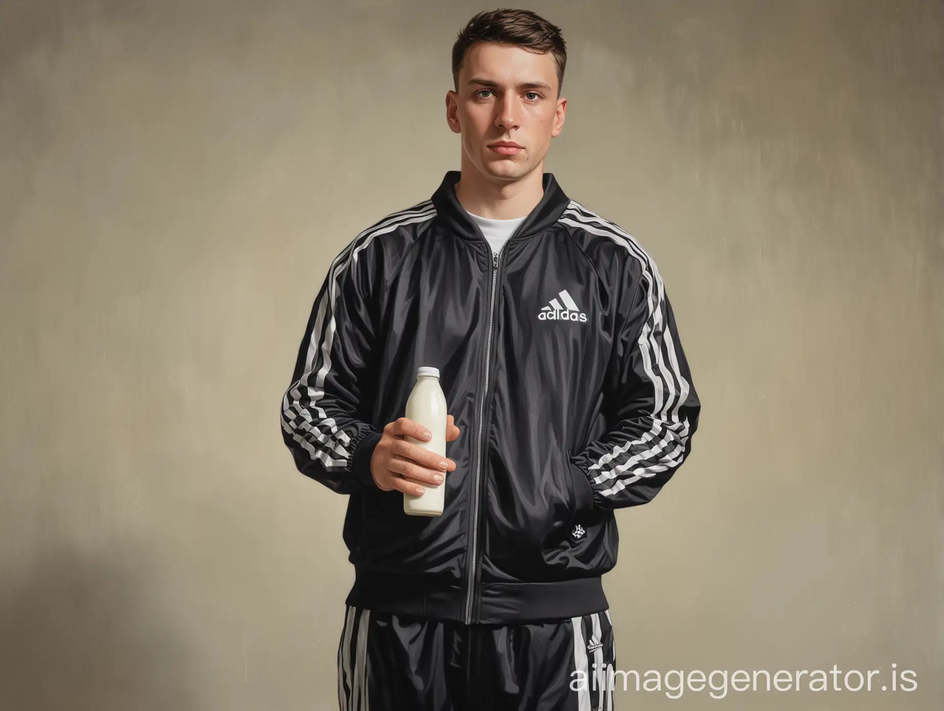painting of a catholic saint wearing black adidas collared tracksuit. 3 white stripes down each arm of the tracksuit. one hand out holding a carton of milk, the other hand in the orator position.