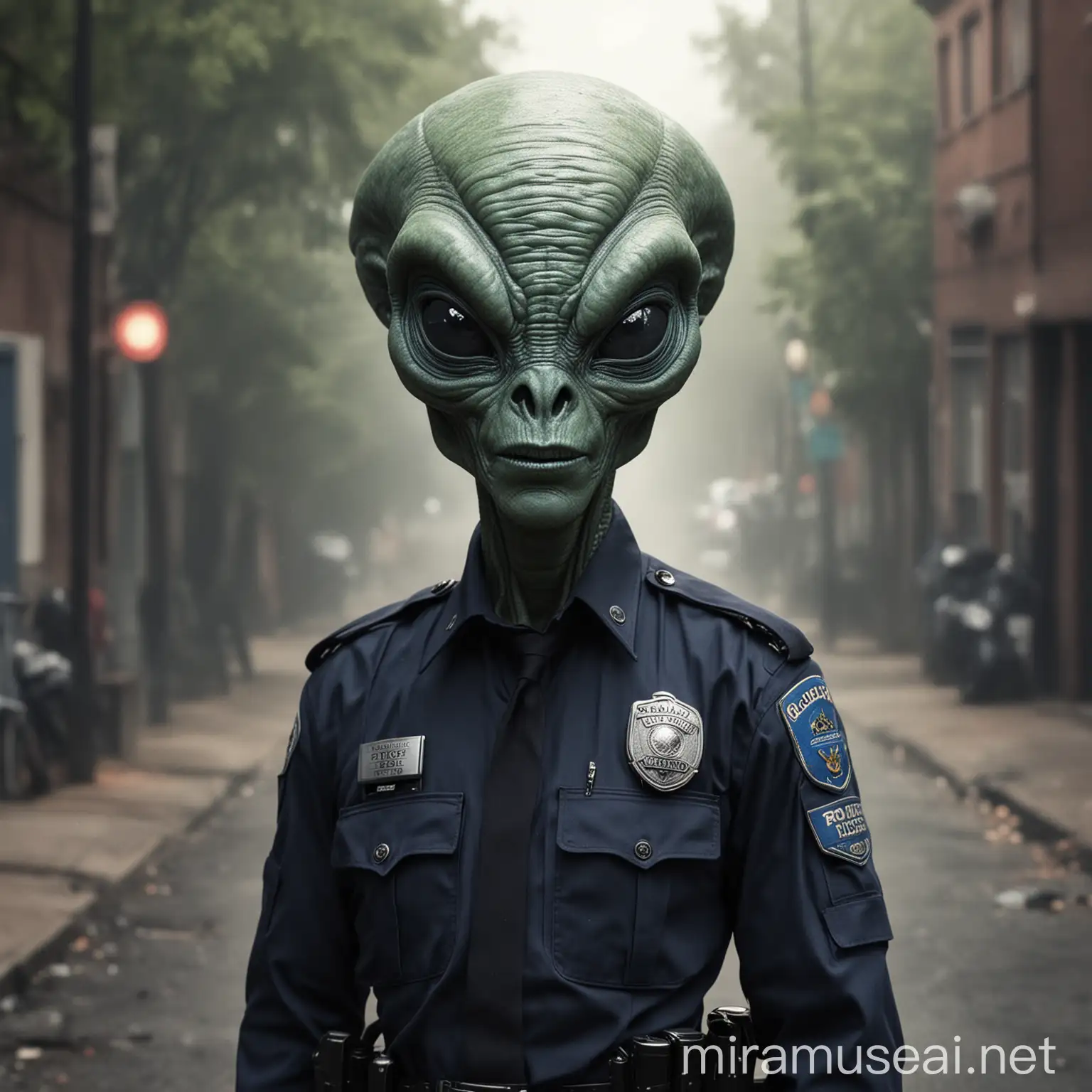Alien Police Officer Patrolling the Urban Streets