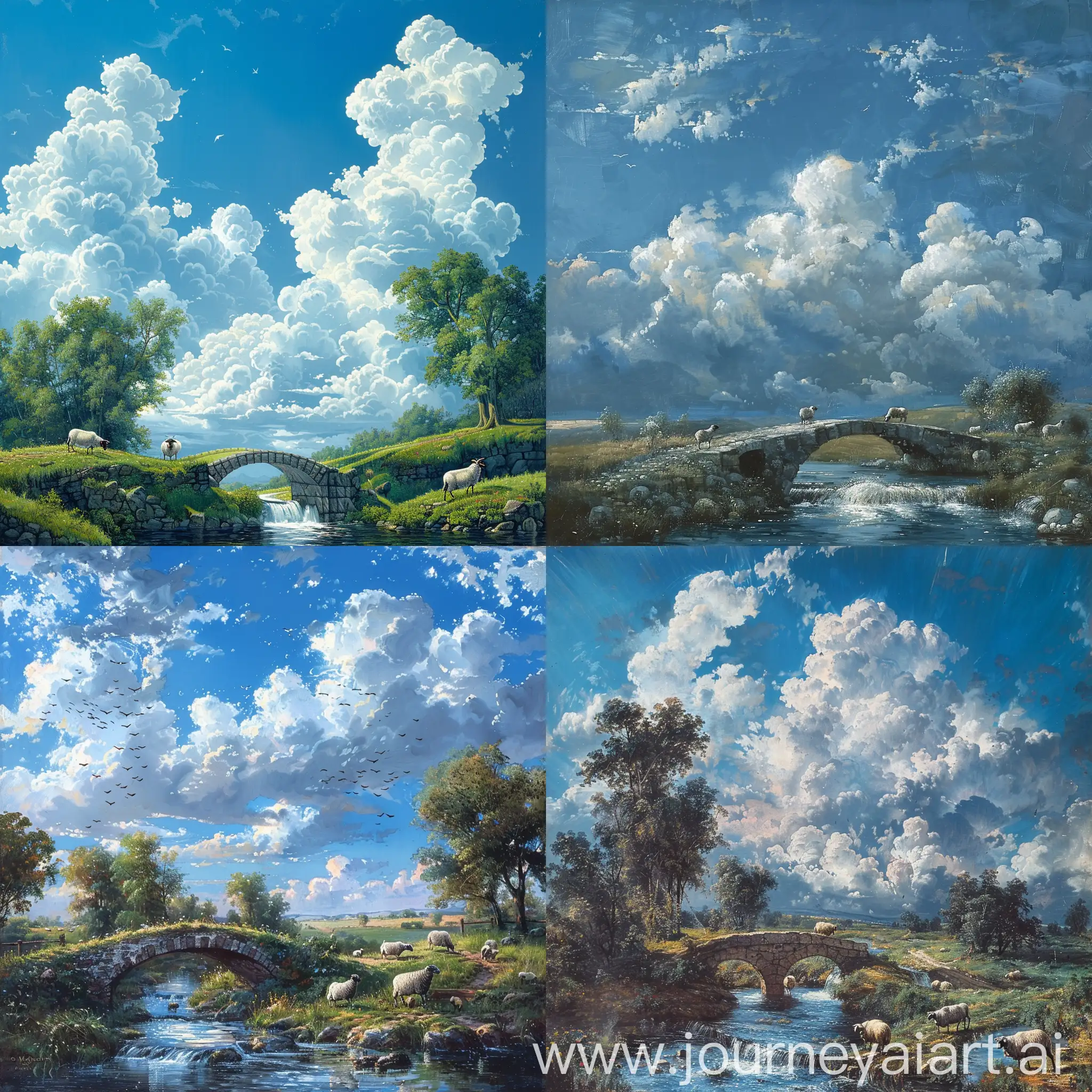 Tranquil-Shepherding-Scene-with-Small-Bridge-over-Flowing-Water