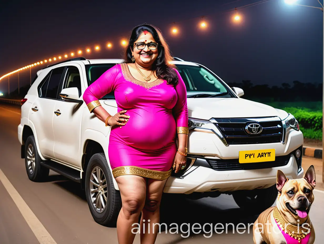 a mature fat indian woman with 47 years old age wearing prescription eyeglasses on face and a lot of gold ornaments with curvy body wearing a neon pink above the knee night dress with panty with full make up ,open long hair style, near a big black dog , standing on a high way near a white toyota fortuner is there , she is happy and smiling, its night time and a lot of lights are there 