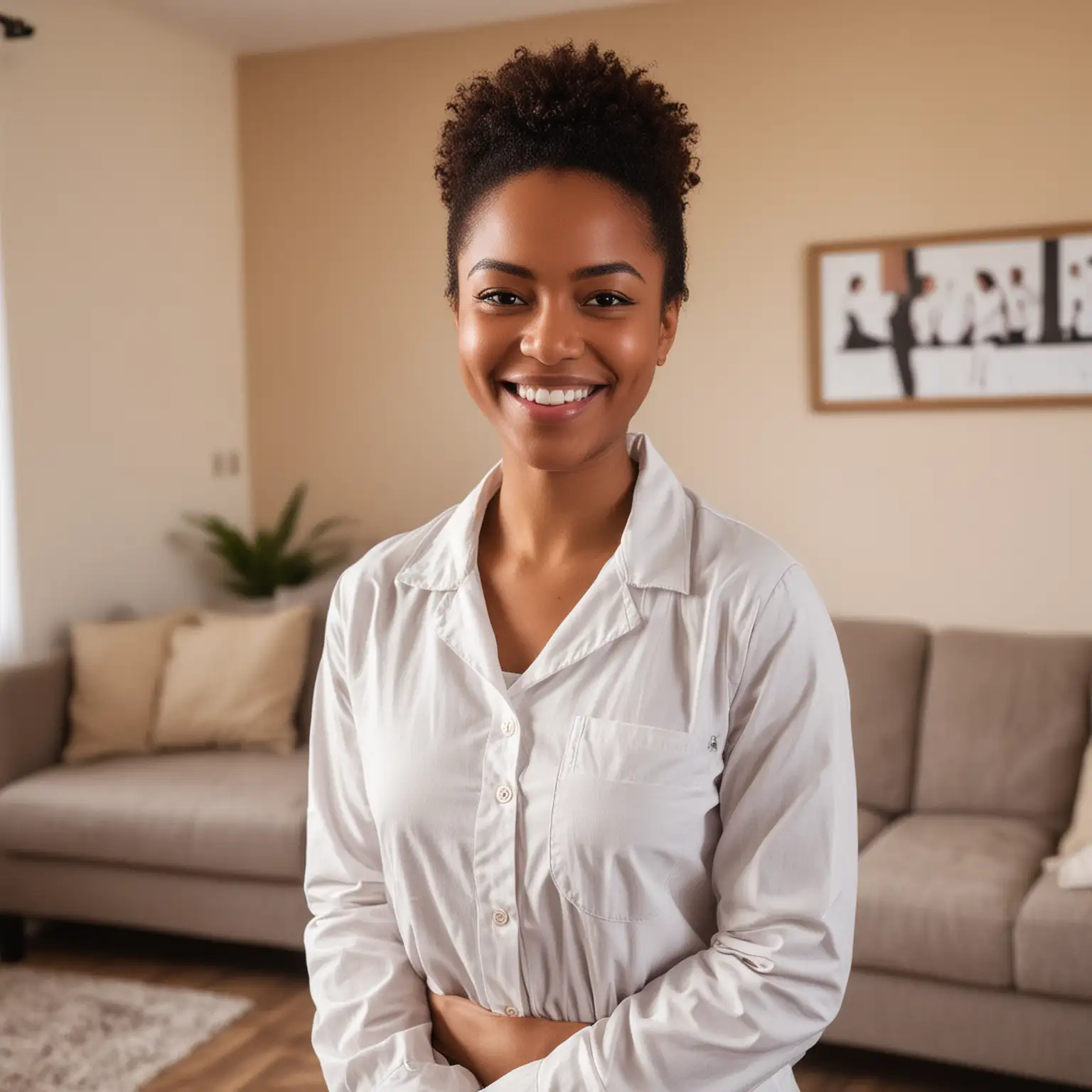 Modern Black Female Midwife Smiling in Colorful Living Room