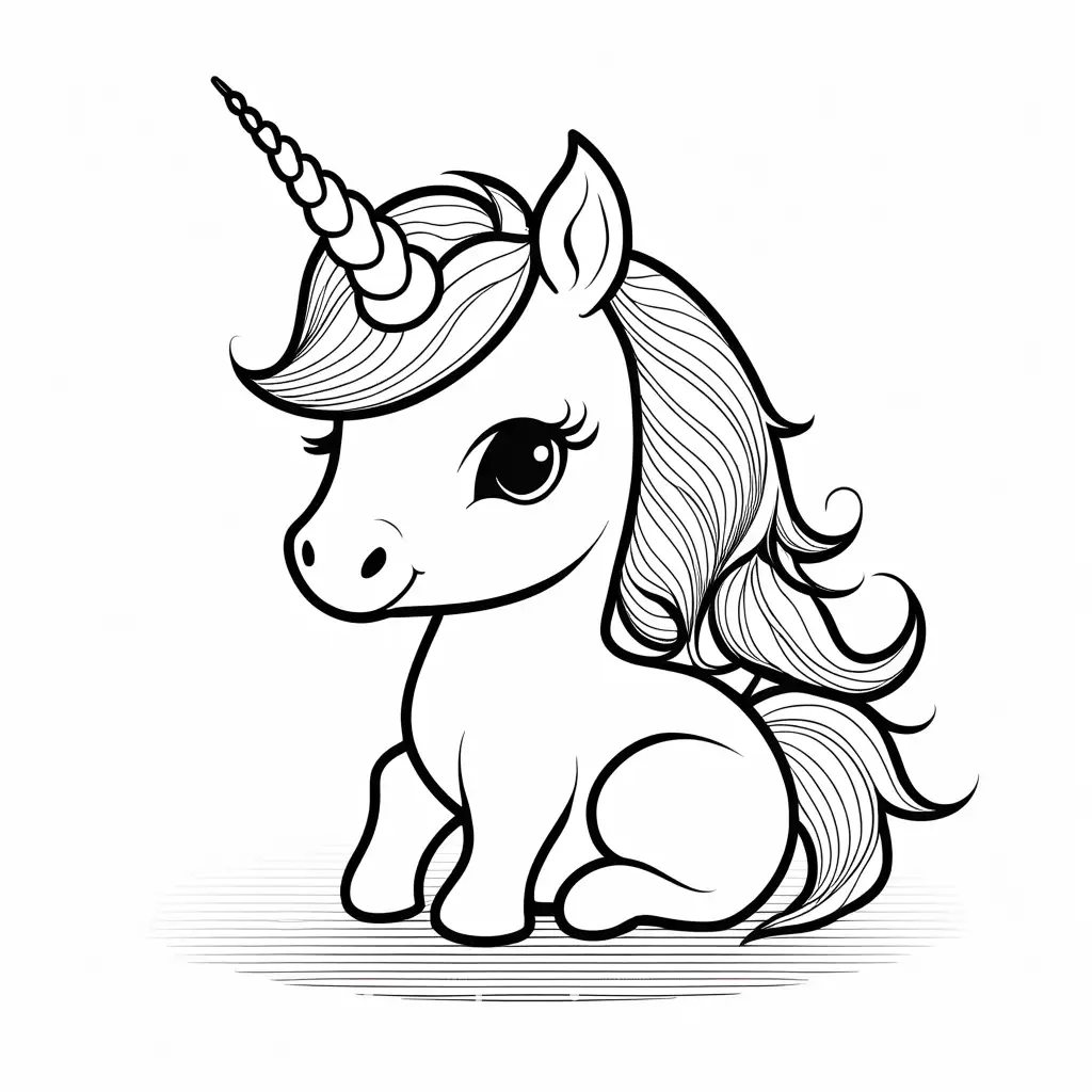Pretty baby unicorn playful and whimsical, plain background white. No shading, lines must be wide so to allow colouring, large rainbow in it in the sky , Coloring Page, black and white, line art, white background, Simplicity, Ample White Space.