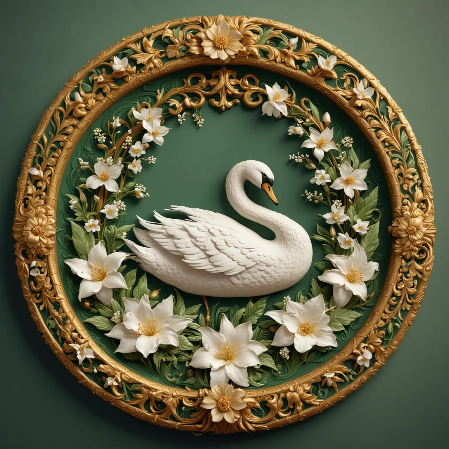 ancient logo in the form of a green circle surrounded by golden carvings, with a white swan and a bouquet of jasmine flowers in the center