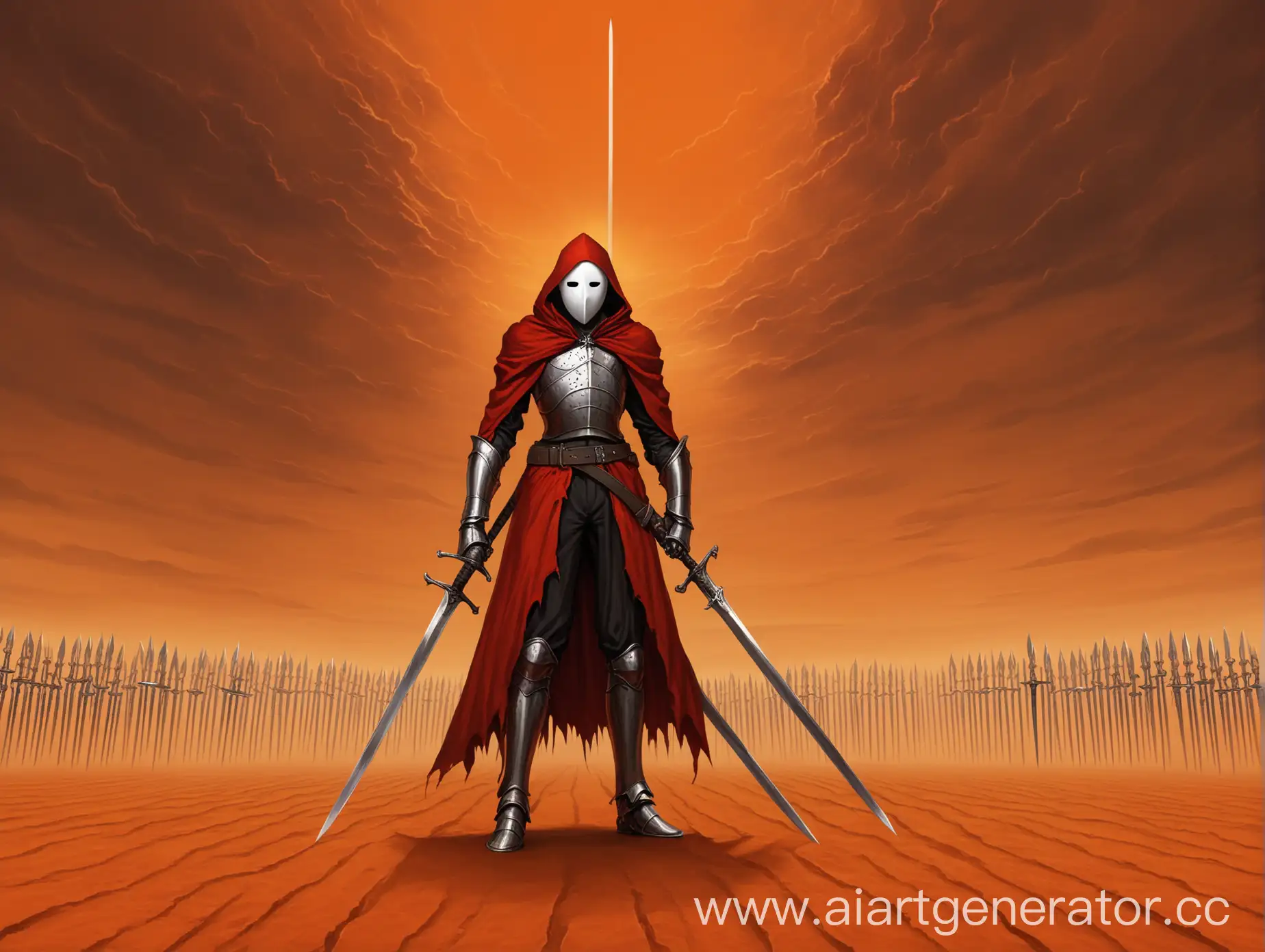 Man, thin man, warrior, with spear, with two daggers, full height, armor, red short torn cloak, red hood, black trousers, boots, gauntlets, white faceless mask with black eye slots, pistol on his belt, small cross on the chest, standing in a orange desert field of swords, swords around, dark orange cloudy sky