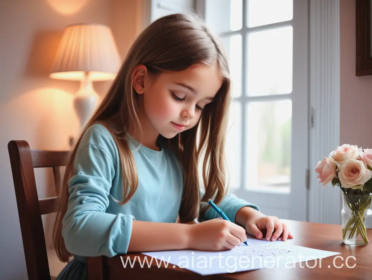 Красивая девушка пишущая письмо за столом дома