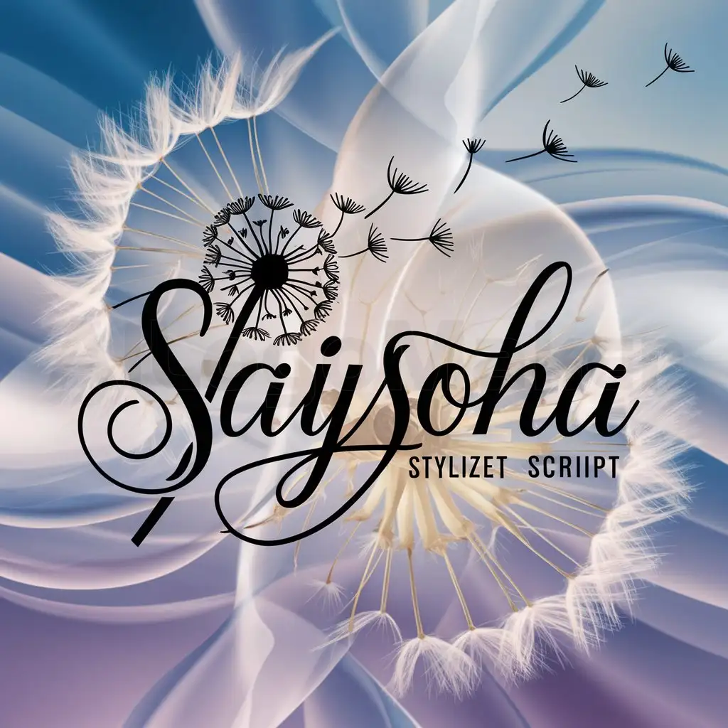a logo design,with the text "SajSoha", main symbol:a logo design,with the text 'SajSoha', (elegant script) Text Content: [SajSoha] Background: Gradient blend of sky blue and lavender Main Theme: Flower illustration A stylized dandelion with its seeds blowing away in a,complex,clear background