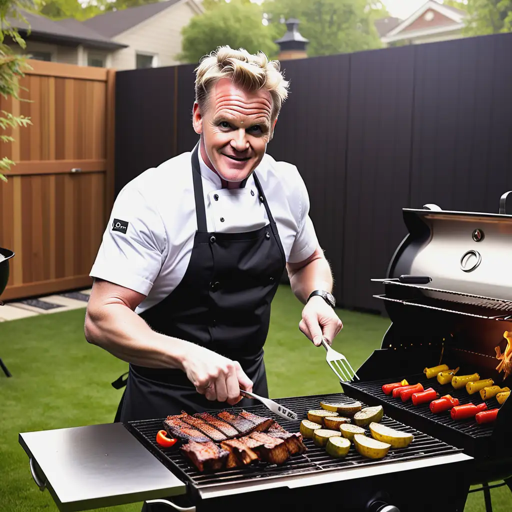 Clef Gordon Ramsey cooking on a back yard BBQ 