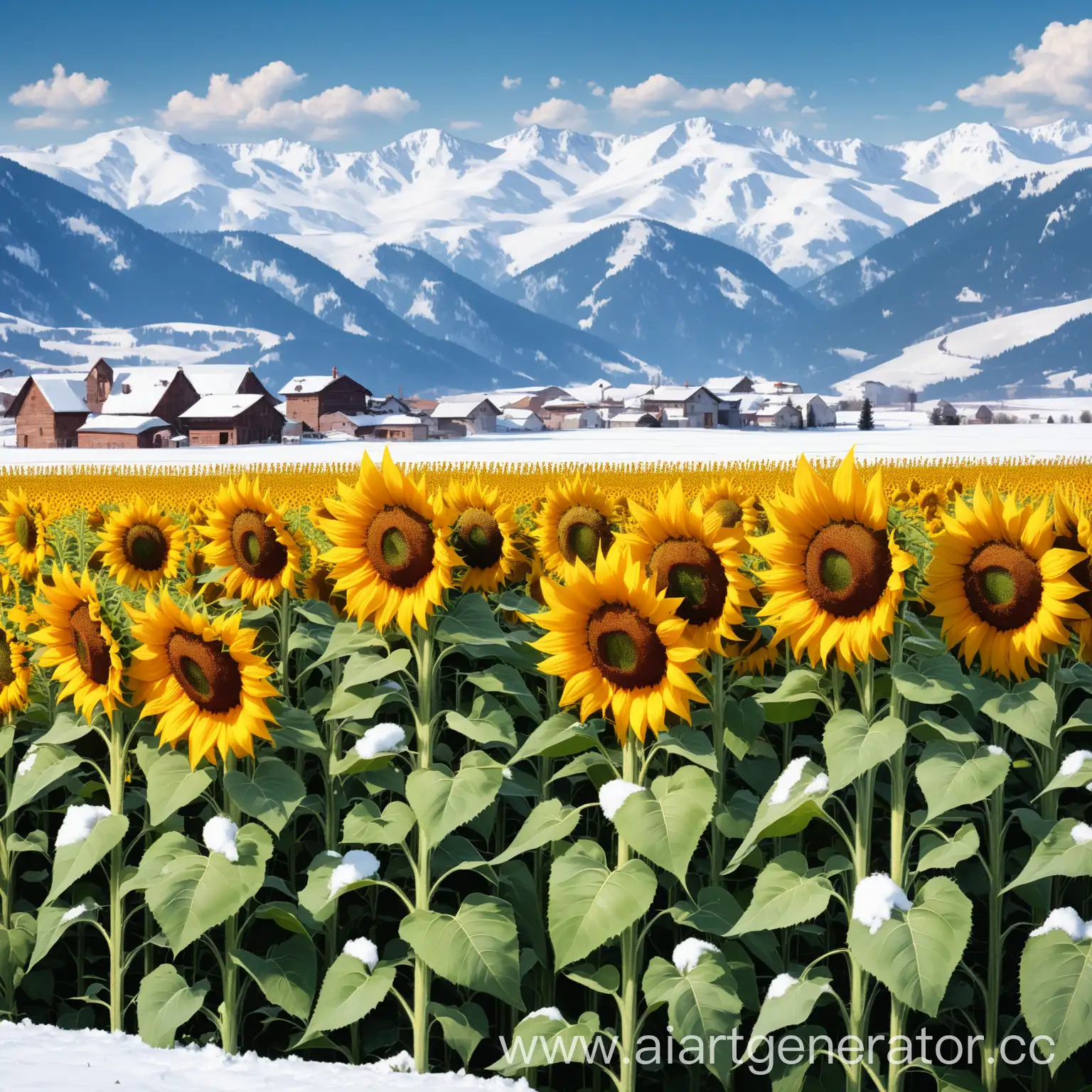 Sunflower-Field-with-Snowy-Mountain-Backdrop