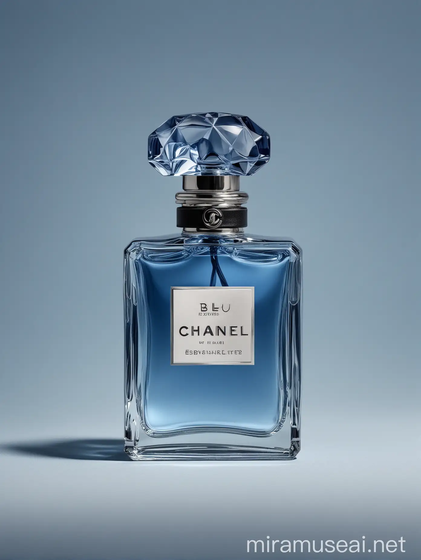 The Image Shows one perfume bottle whose design is inspired by the Bleu de Chanel perfume bottle. the Perfume bottle is wearing a blue Hoodie. The Perfume bottle is set against an isolated background. It is the perfect Perfume bottle with a beautiful shape.