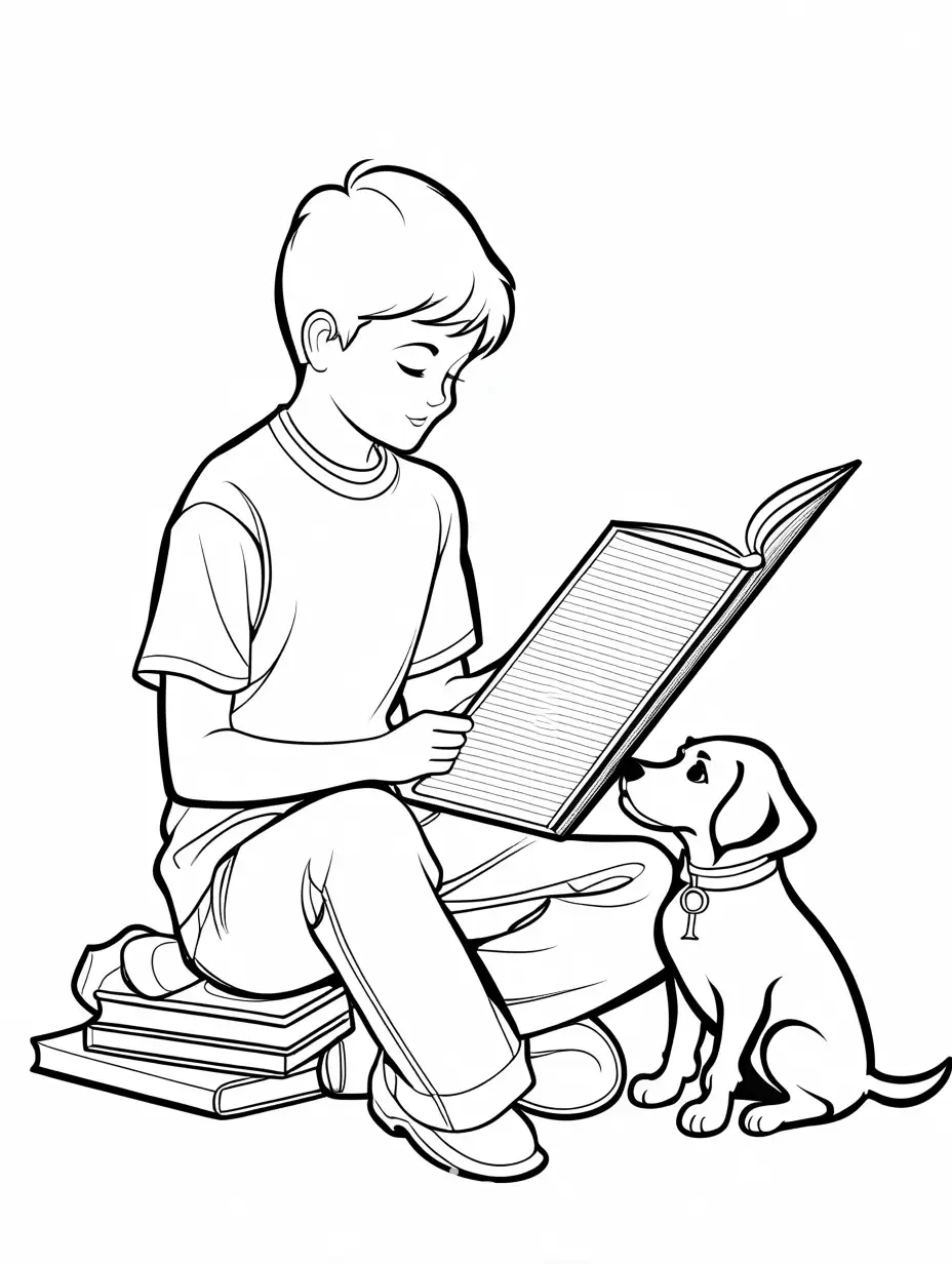 child reading a book to a dog coloring page, Coloring Page, black and white, line art, white background, Simplicity, Ample White Space