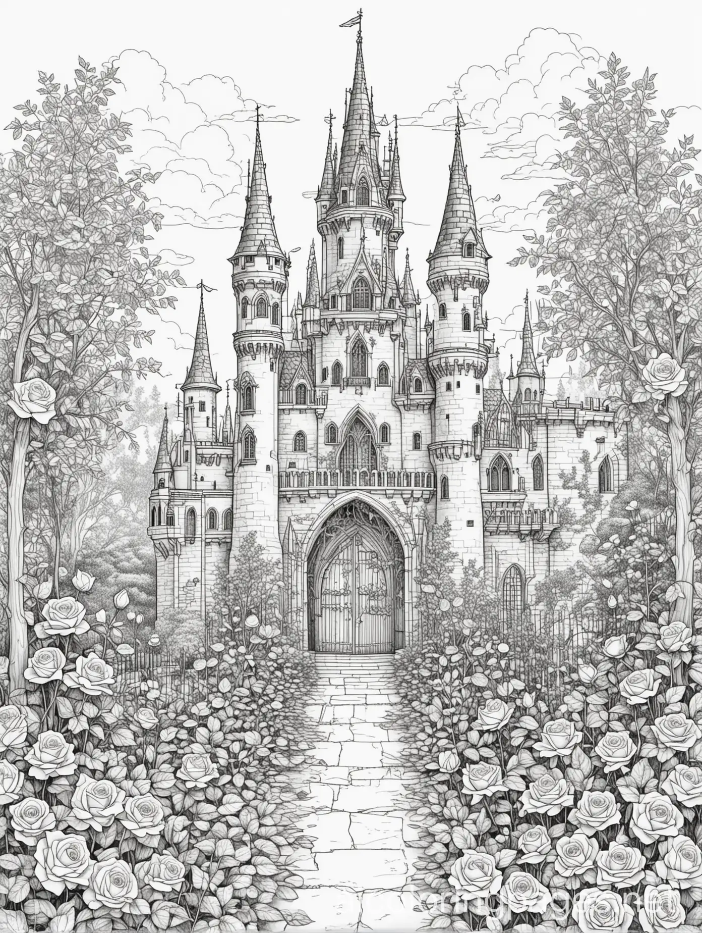 roses garden gothic castle, Coloring Page, black and white, line art, white background, Simplicity, Ample White Space. The background of the coloring page is plain white to make it easy for young children to color within the lines. The outlines of all the subjects are easy to distinguish, making it simple for kids to color without too much difficulty