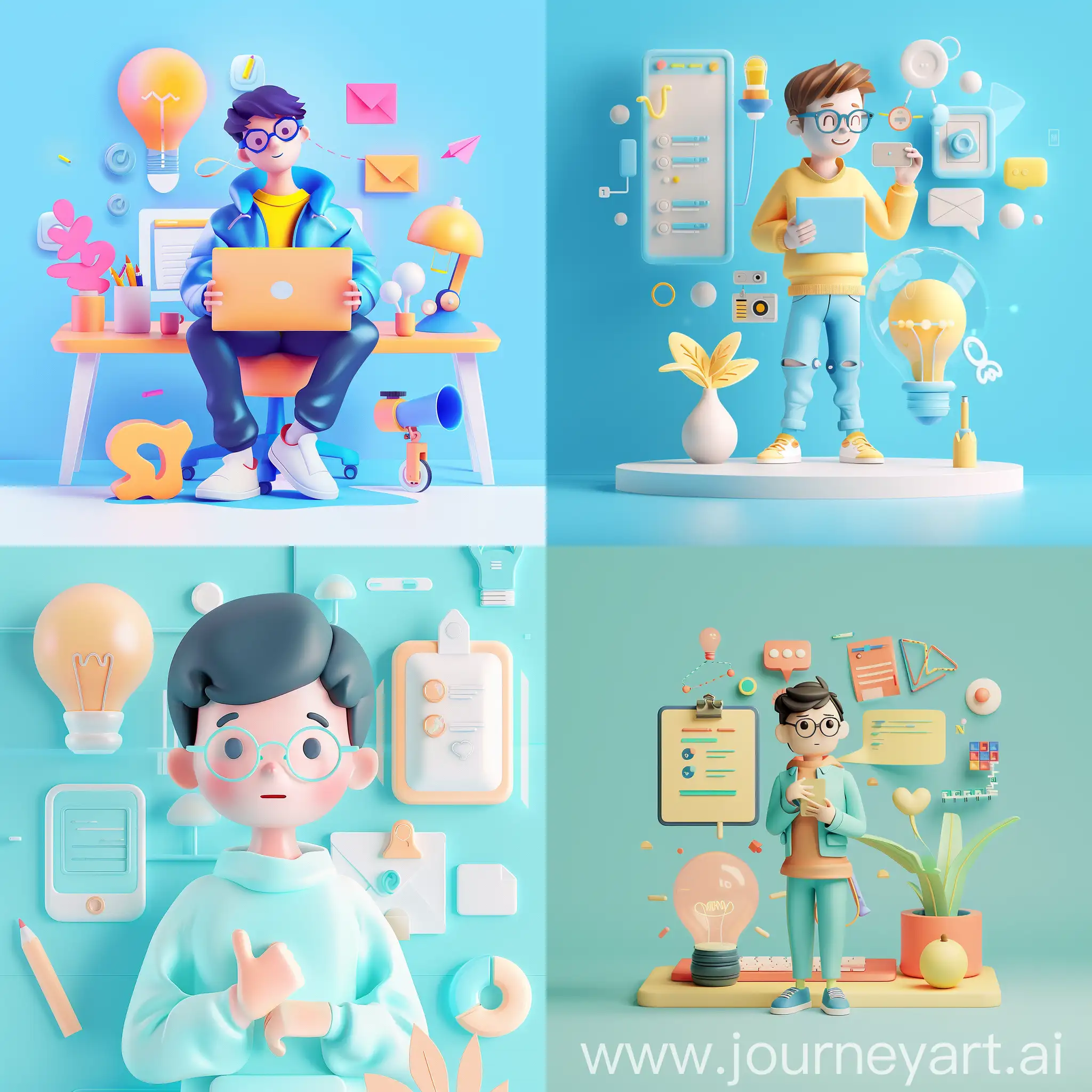 simple 3D ui illustration of a programmer student, in the style of soft lines and shapes.abstract.minimalism. gradient color, blue theme, transparent texture, website header, technology wibe, having ideas