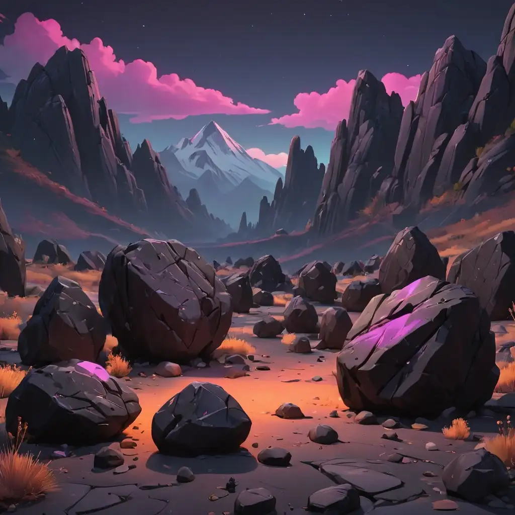 Neon-Cartoon-Black-Rocks-Amid-Mountainous-Landscape