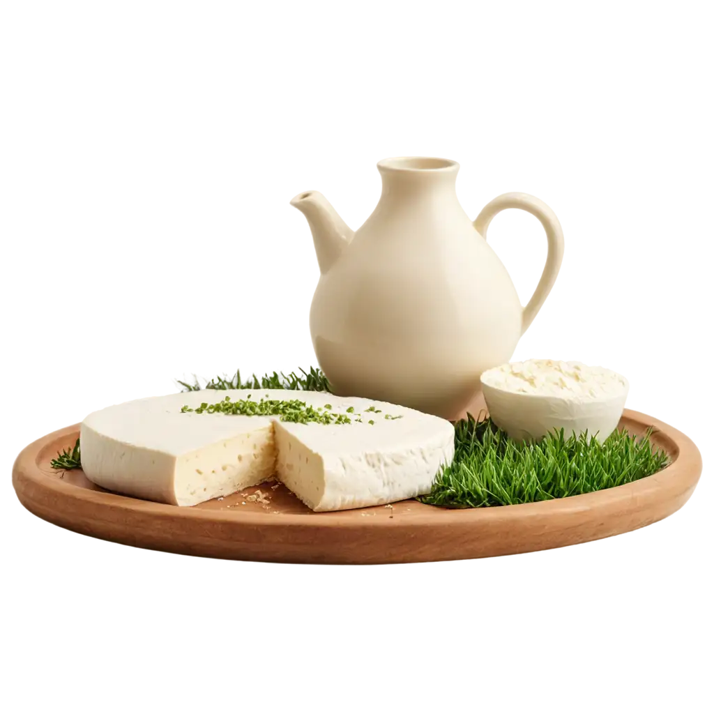 On a pristine white background, a rural scene unfolds. In the foreground, a majestic cow stands proudly, evoking the tranquility of the pasturelands. Beside her, a camembert without packaging rests on a rustic wooden tray, enticingly inviting to savor its creamy texture. A cup of creamy cow's milk adds a touch of freshness to the composition, while tufts of green grass evoke the lushness of the surrounding meadows. In this idyllic scene, each element harmonizes to capture the essence of farm life and the delicacy of dairy product