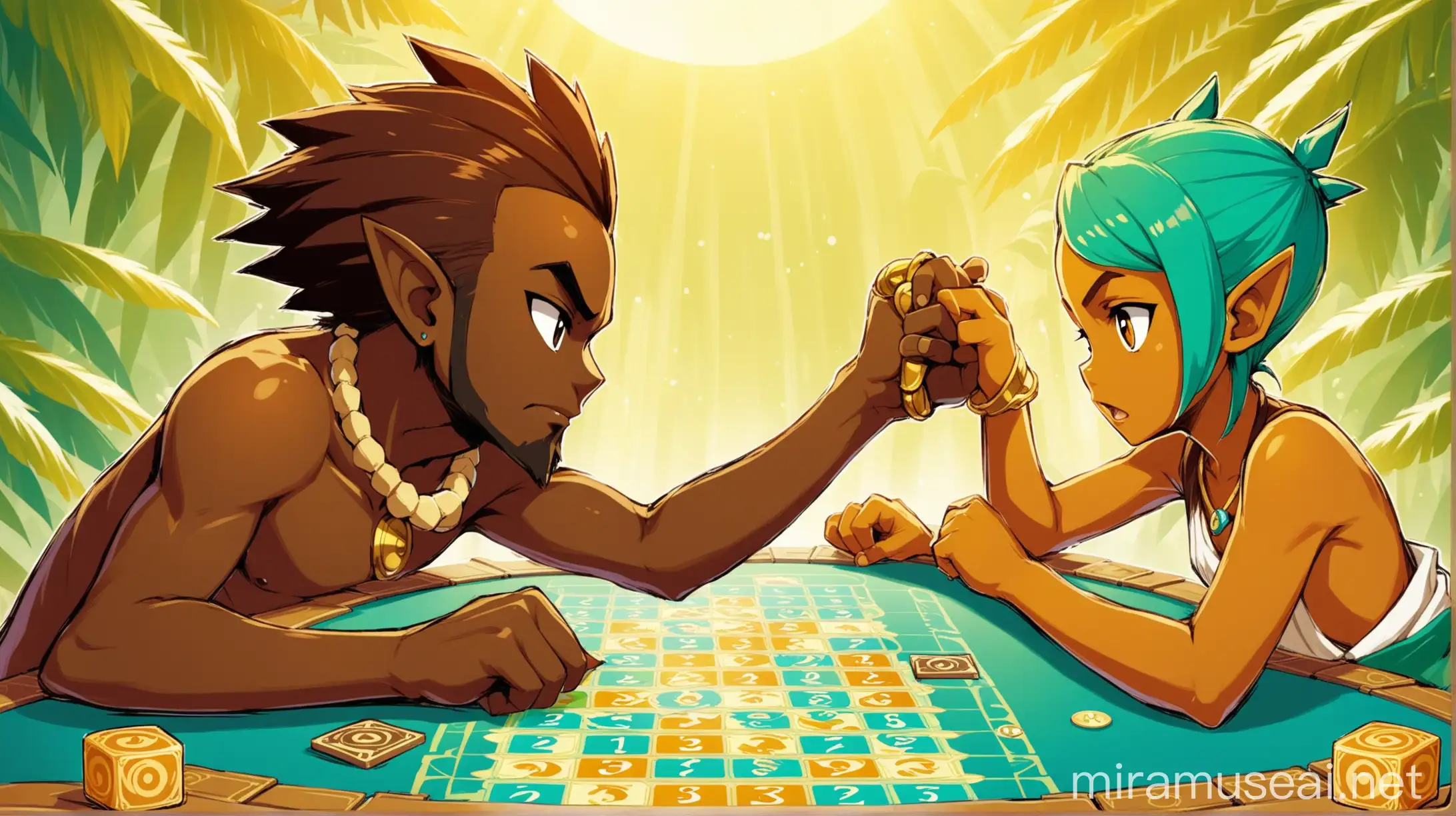 2 personnages face à face qui s'opposent près à s'affronter sur un jeu de plateau (on ne dois pas voir le jeu) en duel. Ce sont des jeunes adultes mélanésiens. On ne vois que les deux personnages en plan centré sur eux. L'illustration est de style wakfu.