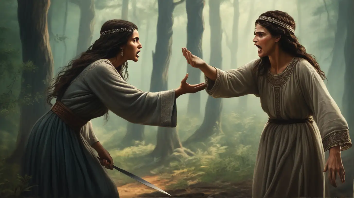 Biblical Era Hebrew Women Confrontation in Forest with Knife