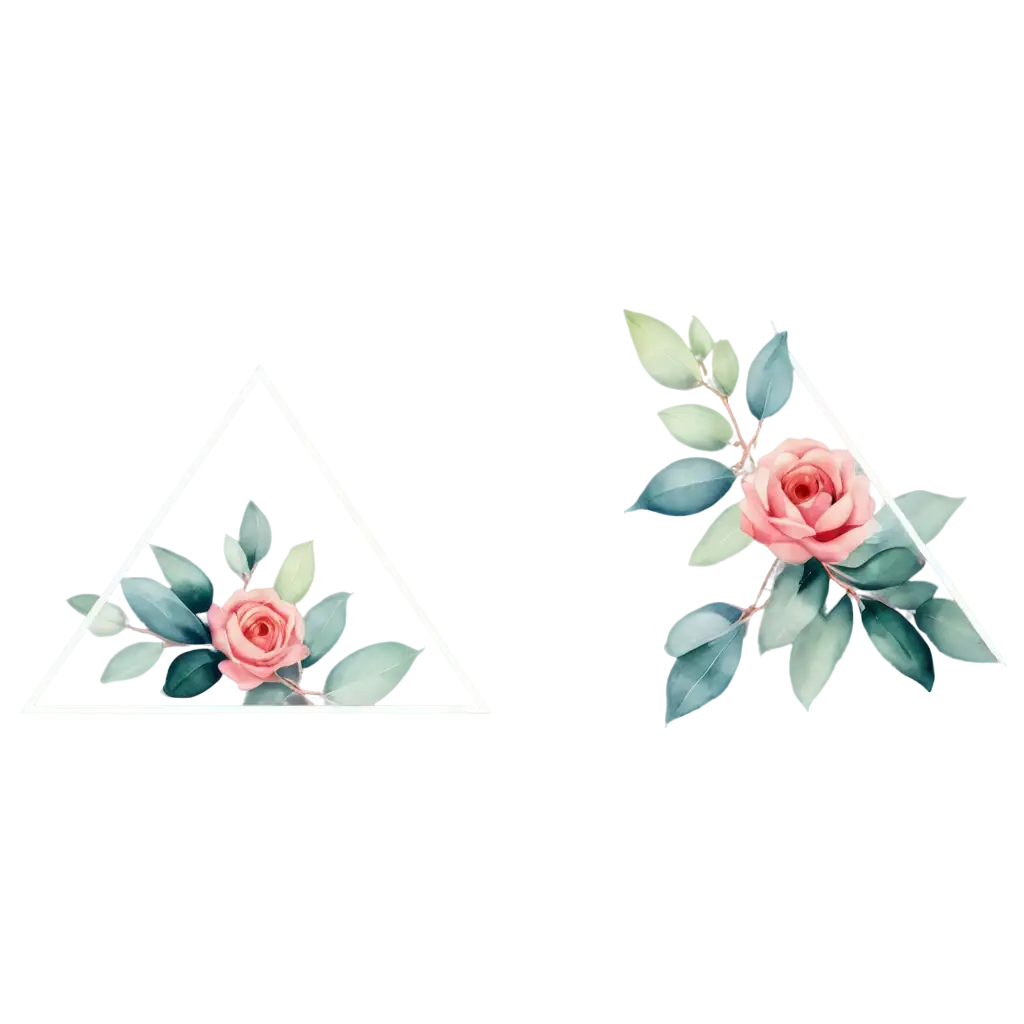 eucalyptus and rosé flowers, top view in watercolor style, abstract, layn in triangle shape

