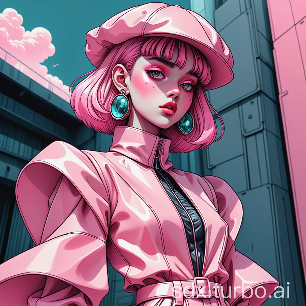 girl in Eco Friendly haute couture outfit in the style of 90's vintage anime, surrealism, akira style. detailed line art. fine details. fine jewelry. Eco Friendly. pink vibe.