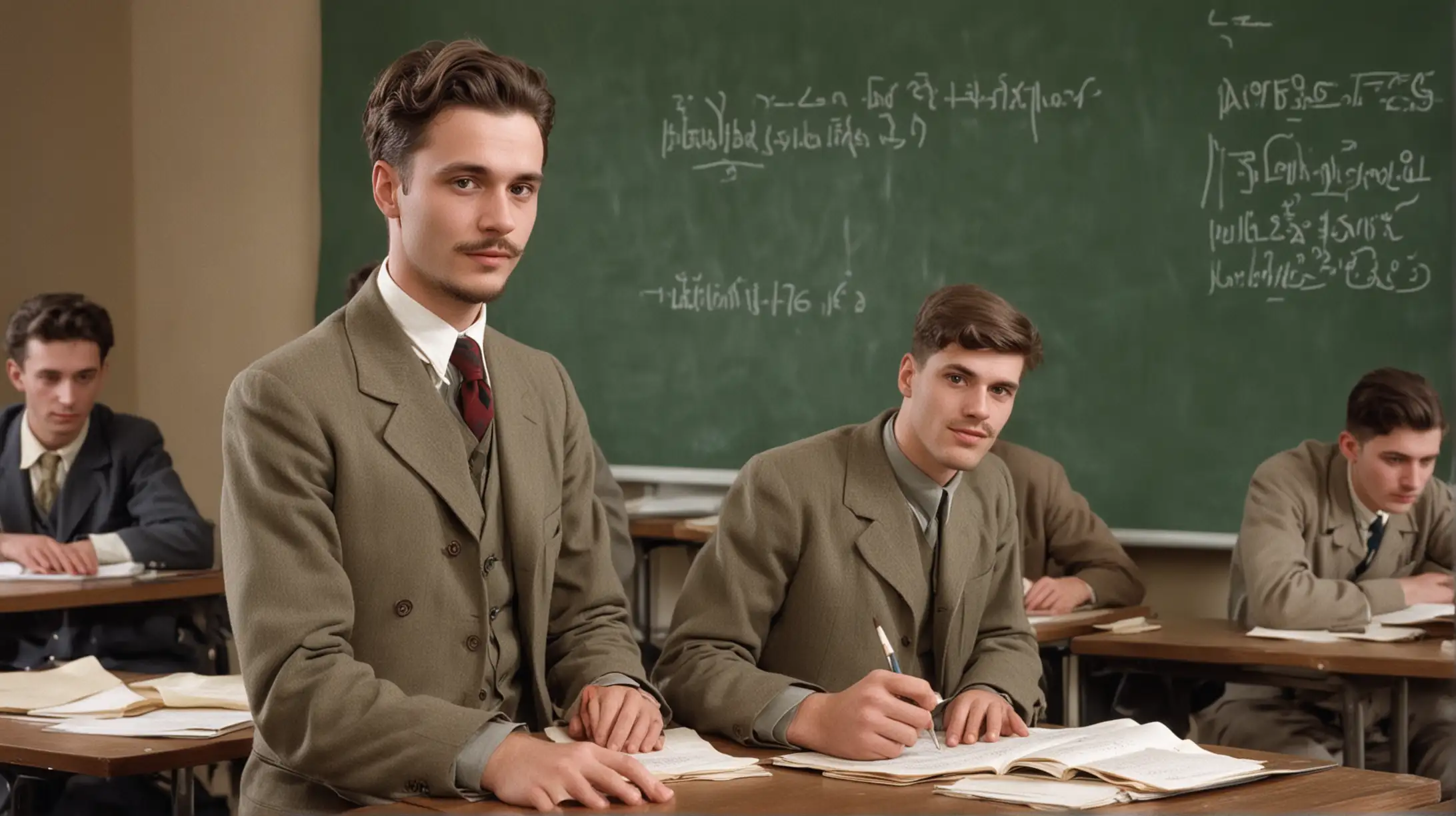 Young mathematician teaching class at university, 30 years old, short beard, Germany 1945, in color. 
