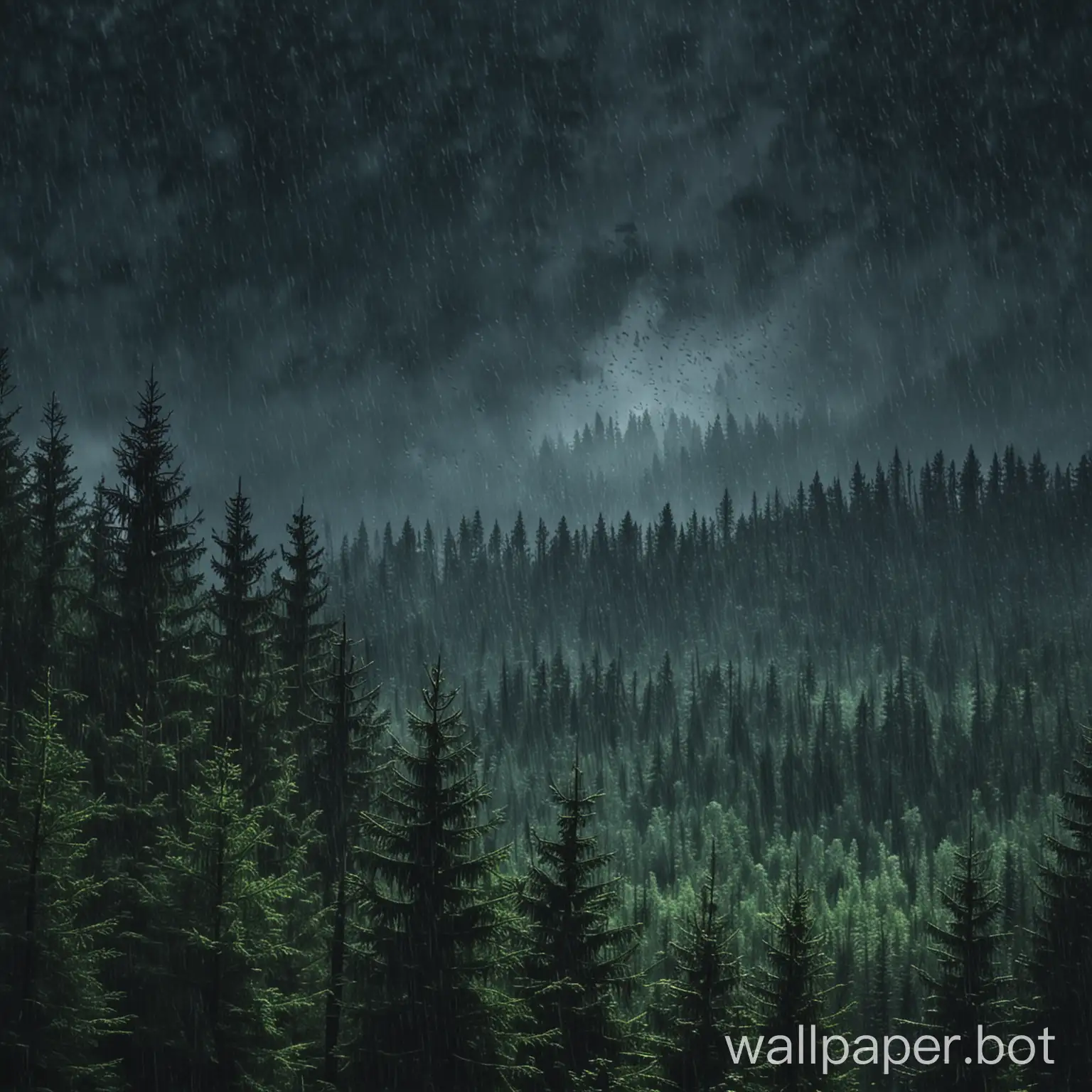 Rain on the background of a coniferous night forest