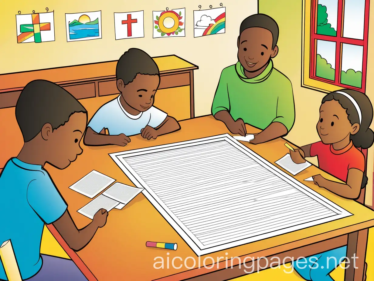 Create an illustration for a children's Bible activity book featuring the introduction to prayer chains. The scene should show several children sitting around a table, cutting strips of paper with Bible verses and inspiring phrases, and linking them to create a prayer chain. The children should appear focused and happy, demonstrating interest and creativity in the activity. The table should have scissors, glue, colored pencils, and markers scattered on it. Include completed paper chains hanging from the edge of the table or in the children's hands, showing the final product. The background should depict a cozy and bright environment, such as a classroom or a room decorated with Christian elements like crosses, Bibles, and inspirational posters on the wall. Use warm and cheerful colors to reflect a positive and creative atmosphere. The overall style should be simple and accessible, suitable for children to engage with. Coloring Page, black and white, line art, white background, Simplicity, Ample White Space. The background of the coloring page is plain white to make it easy for young children to color within the lines. The outlines of all the subjects are easy to distinguish, making it simple for kids to color without too much difficulty