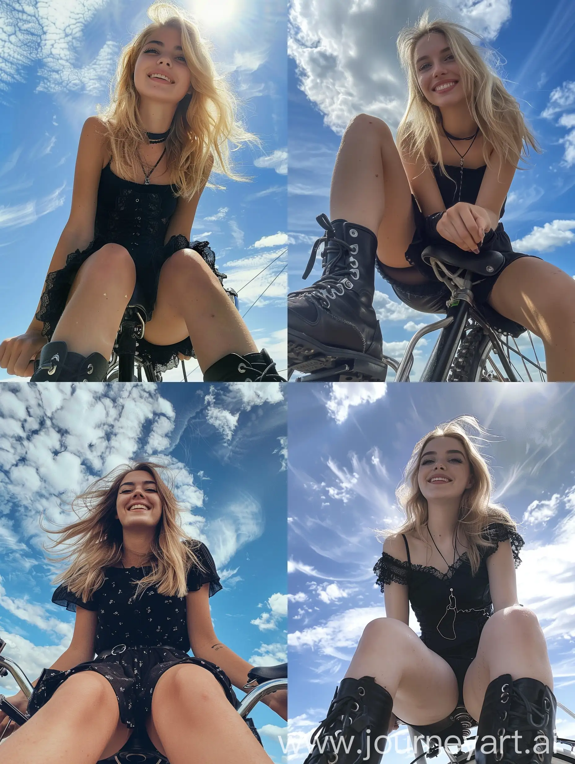 Young-Woman-in-Black-Dress-and-Boots-Smiling-on-Bicycle-Selfie