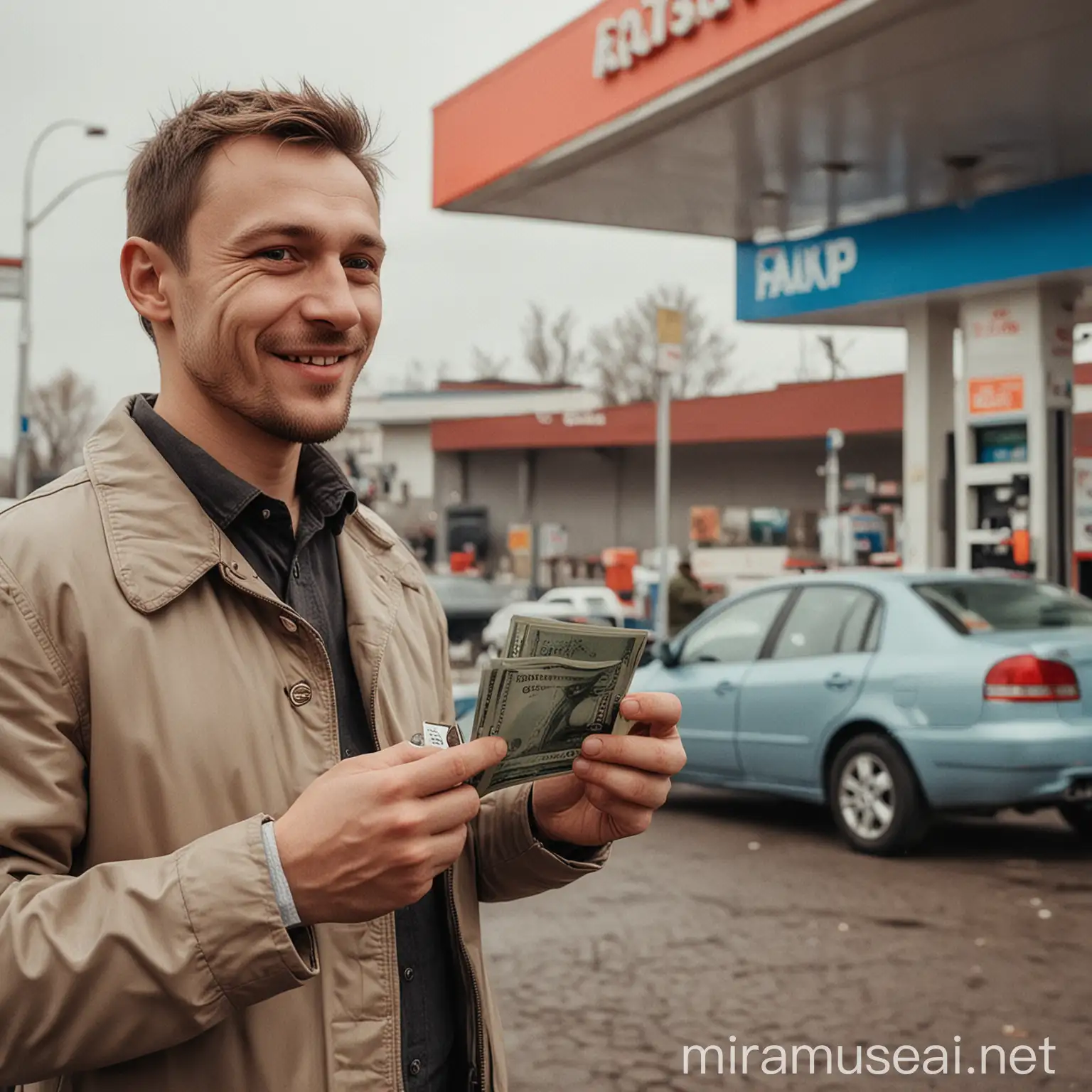 Russian Man Saving Money at High Gas Prices Gas Station