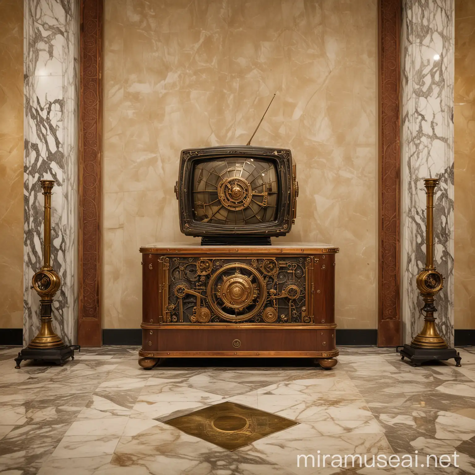 Steampunk Art, Televisor, madera y bronce, antiguo, pantalla, encendido, piso de mármol, salón 