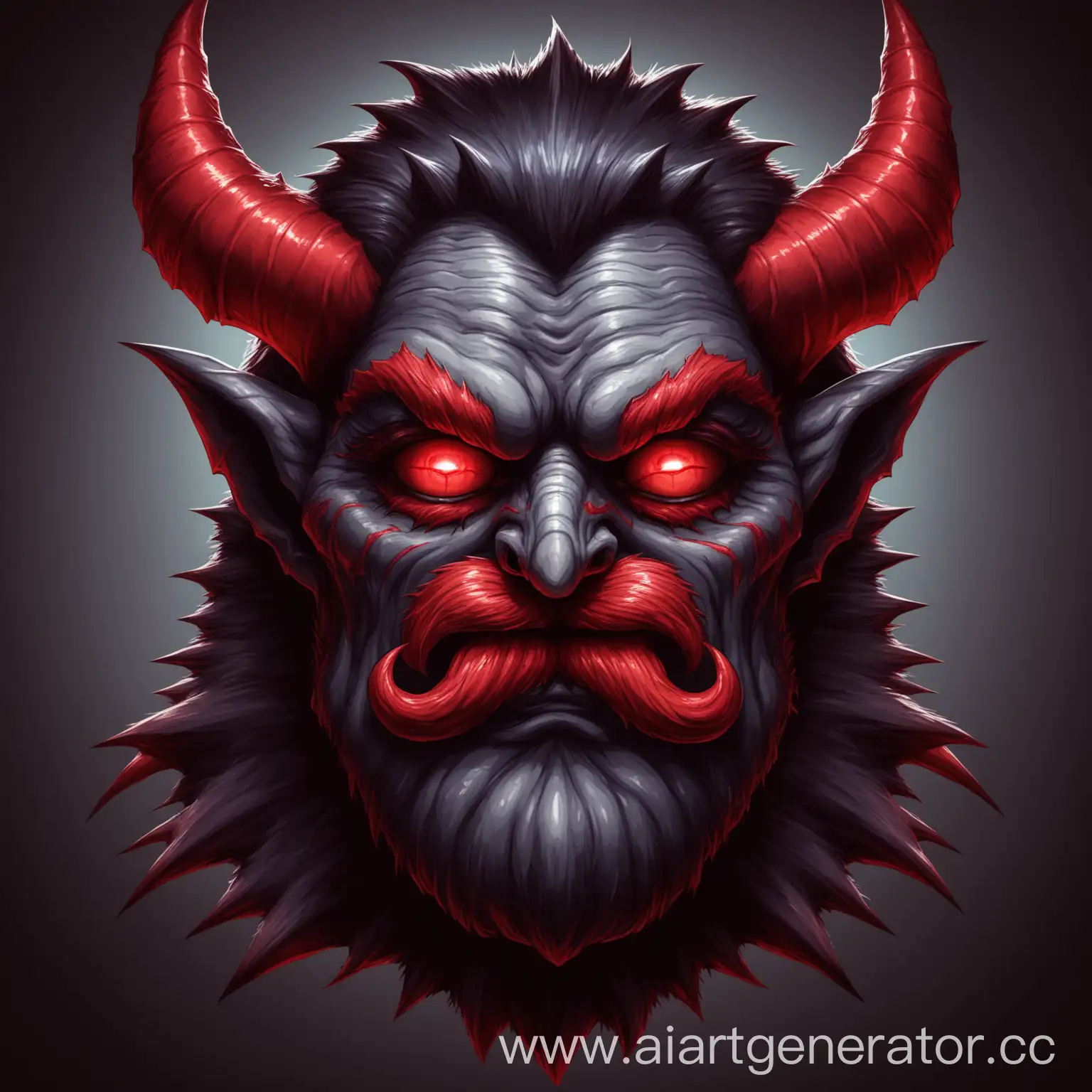 Голова демона монстра с красными глазами и усами