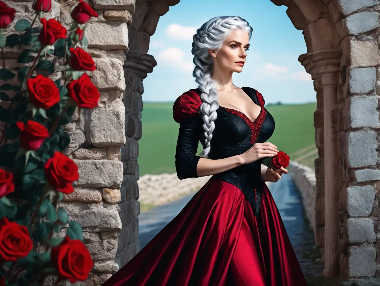 Medieval-Woman-with-SilveryWhite-Hair-in-RedBlack-Dress-Surrounded-by-Spring-Flowers