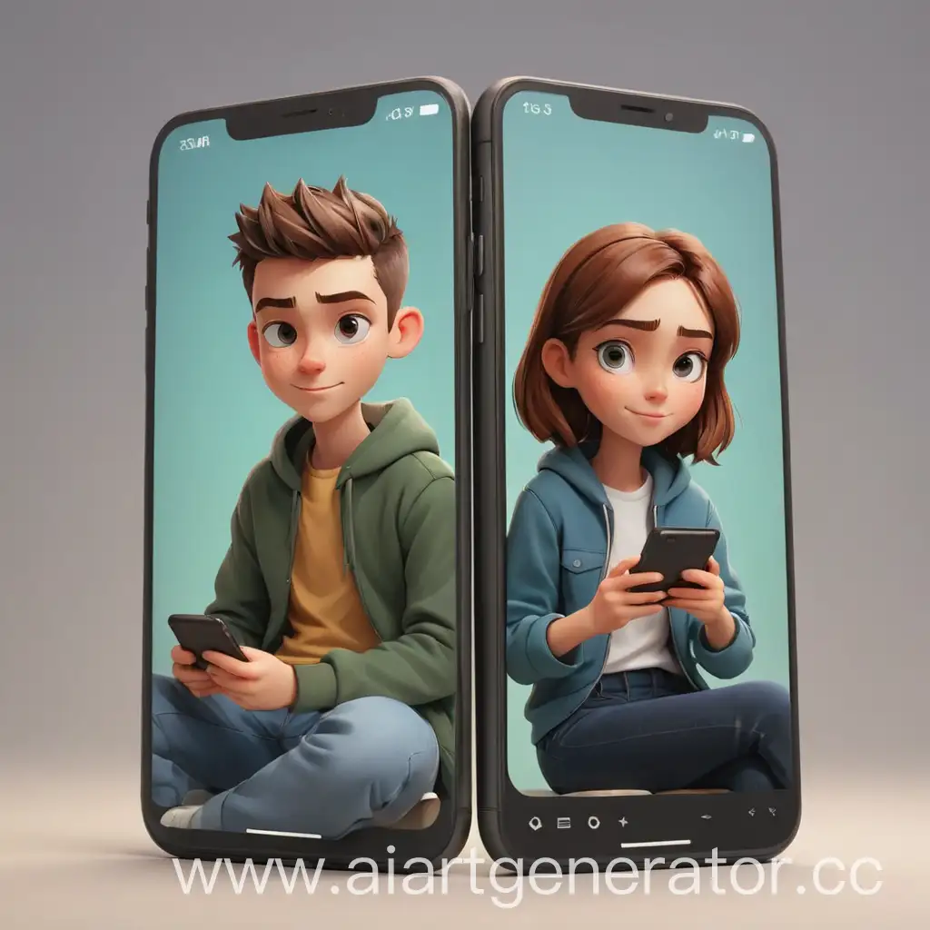 Девушка и  парень сидят за экранами телефона. Аватарка для анонимного чата знакомств