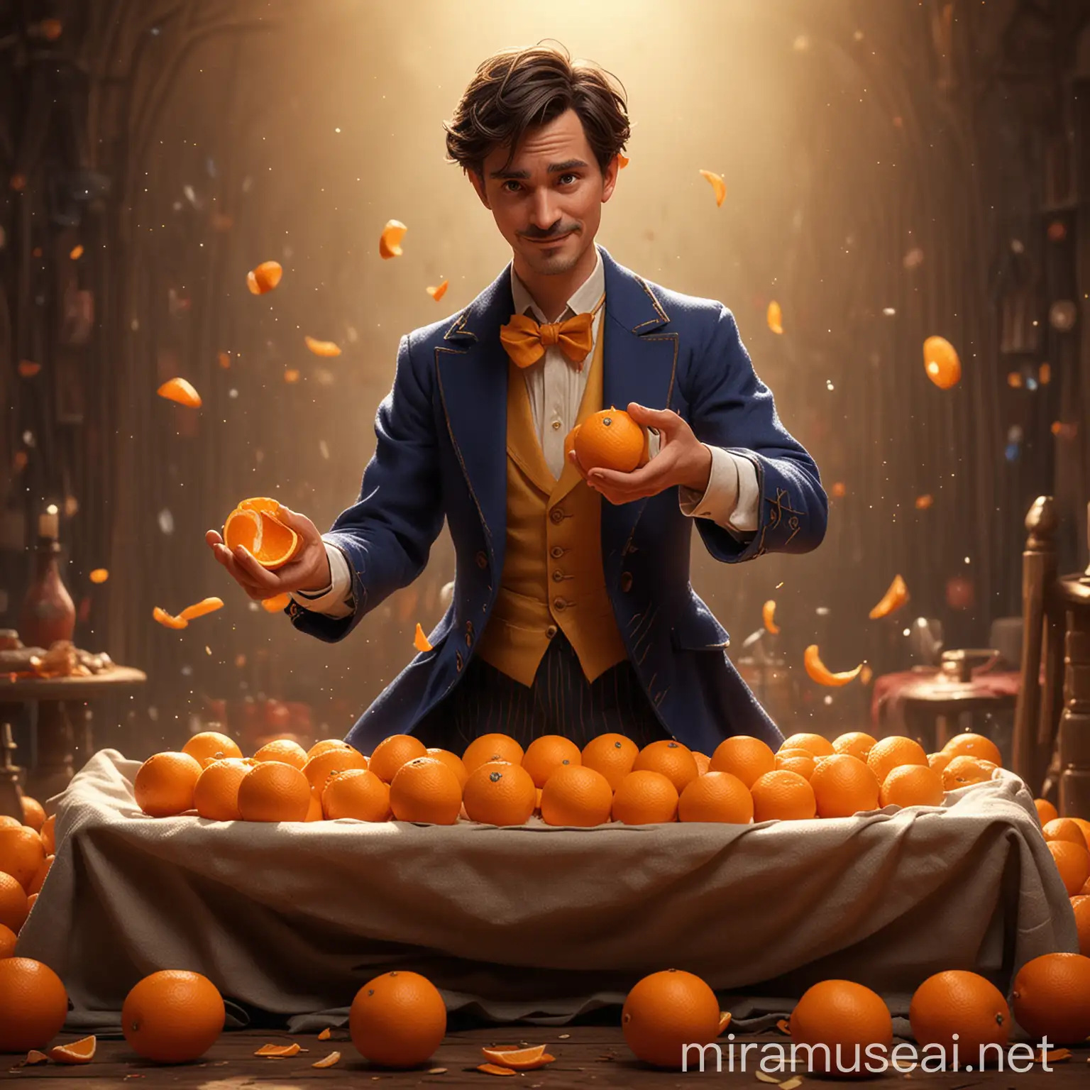 The magician was performing on stage, holding a cloth in his hand. After opening it, a pile of oranges appeared on the table
，disney pixar style