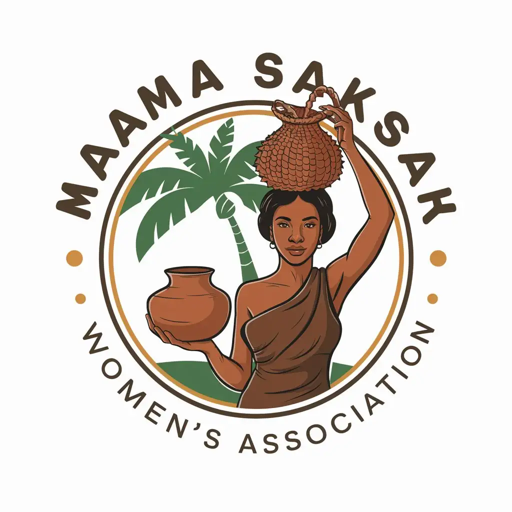 a logo design,with the text "Mama Saksak Womens Association", main symbol: A brown-skinned woman holding a clay pot, and carrying a bilum string bag on her head, Sago palm tree in the background. Circular frame around the logo images with text "Mama Saksak Women's Association" around the circle. White background. (I translated "Saksak" to "Women's", as I assume it's a typo and it should be "Saksak Women".),Moderate,clear background