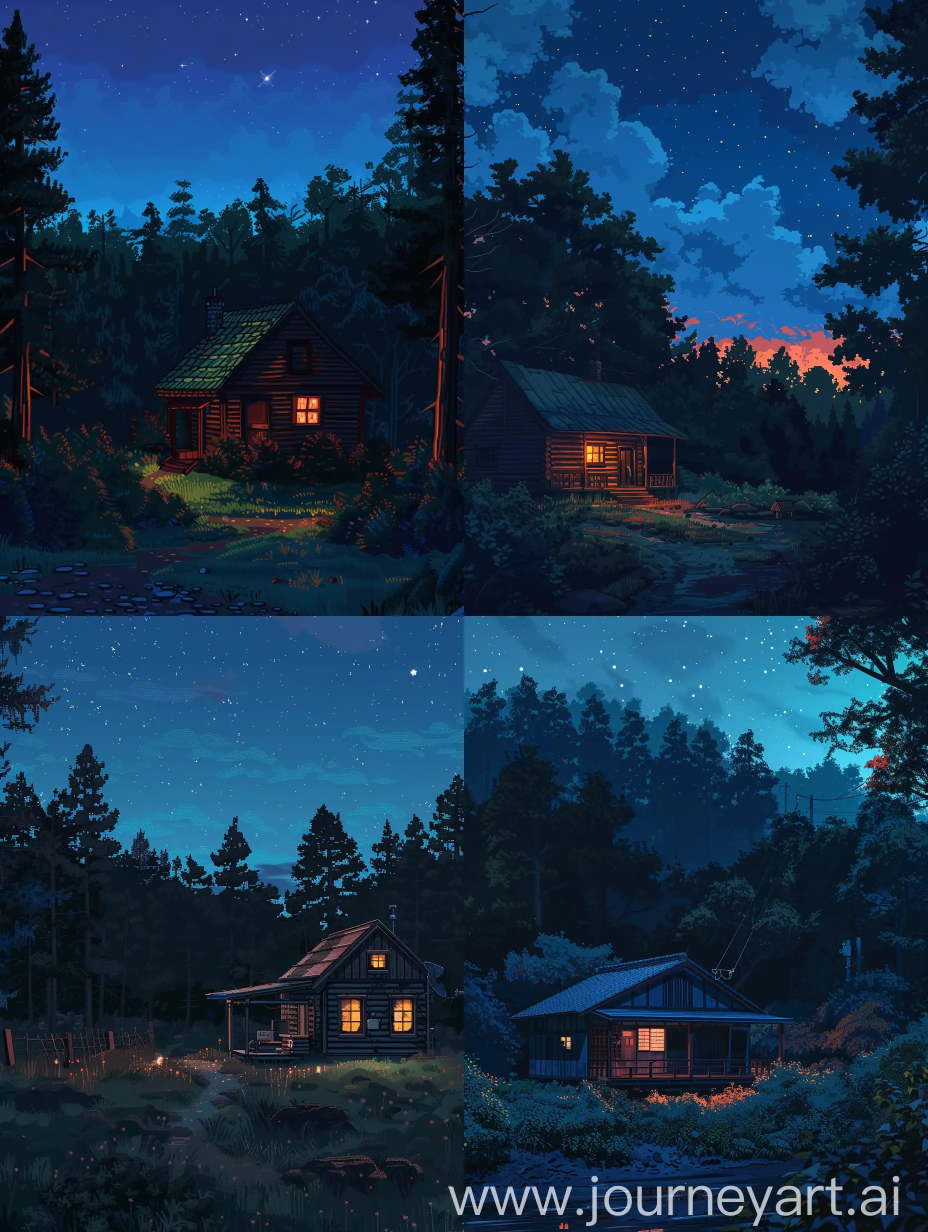 深夜，农村小房子，树林，像素