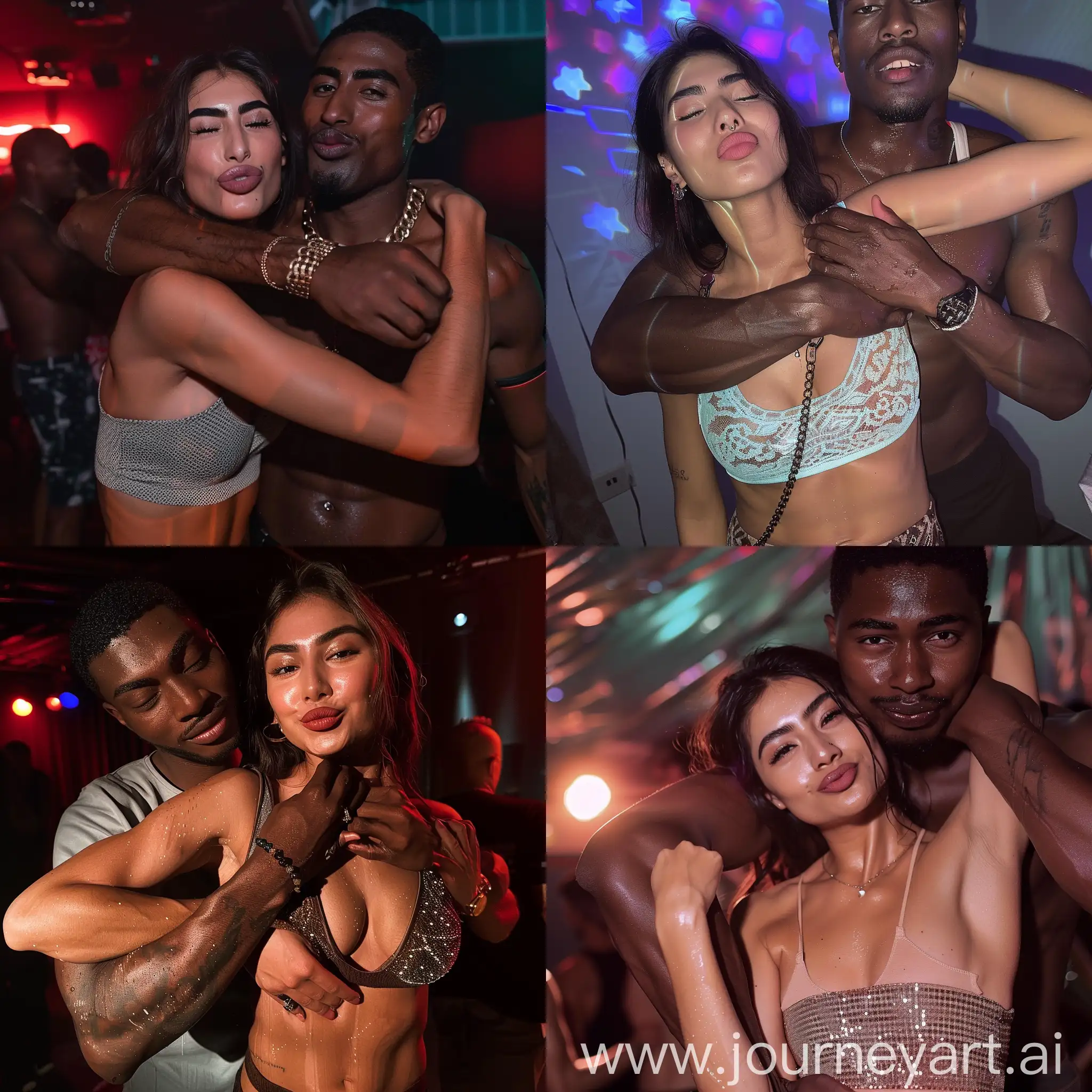Aesthetic instagram selfie of a persian woman in a party club crop-top getting hugged possessively by her tall robust african partner, she is doing the duck lips pose, her partner is grabbing her neck and smiling, the woman looks typically persian and is beautiful, both are looking at the camera, sweaty, flirty 