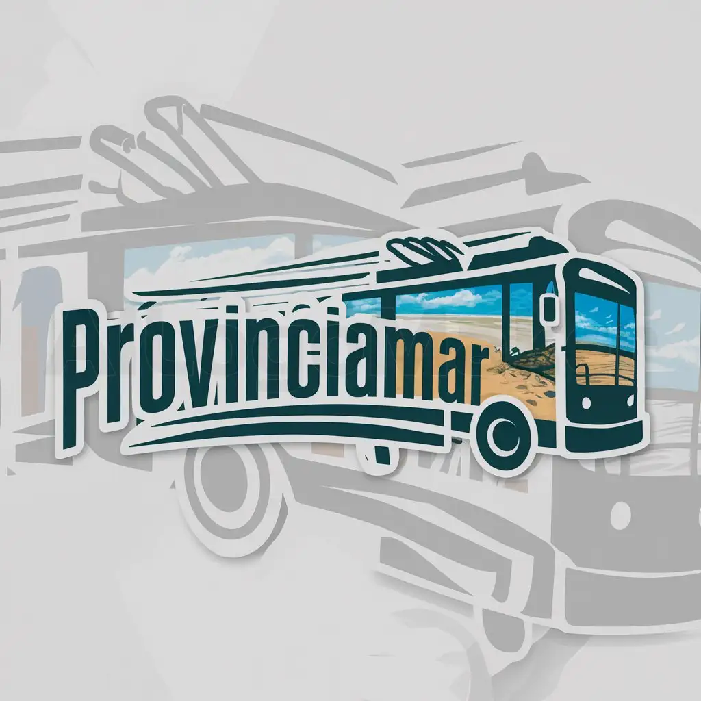 a logo design,with the text "provinciaMar", main symbol:hacer trolebus que tenga imagen de la playa Manzanillo de fondo,Moderate,clear background