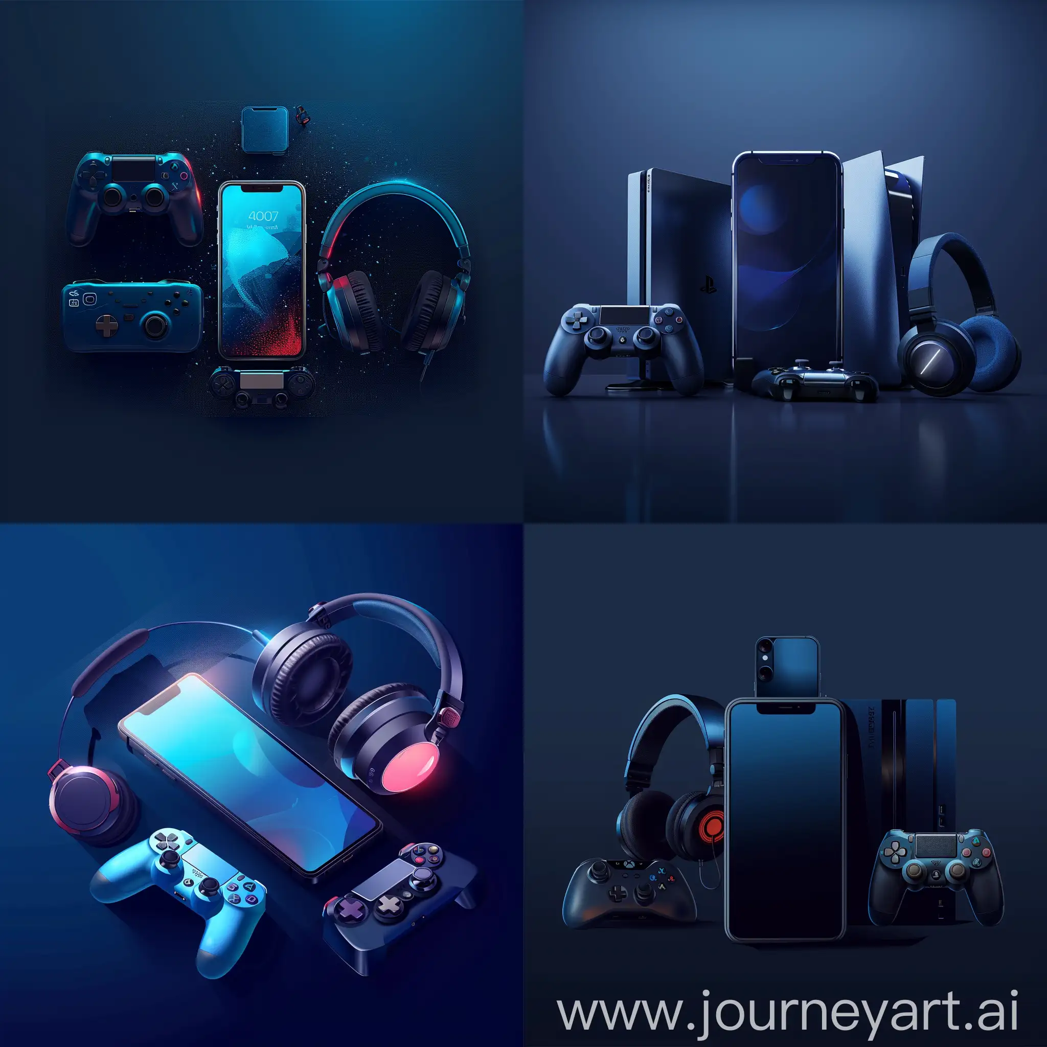 Tech-Gadgets-on-Dark-Blue-Background-Mobile-Phone-Gaming-Console-Headphones