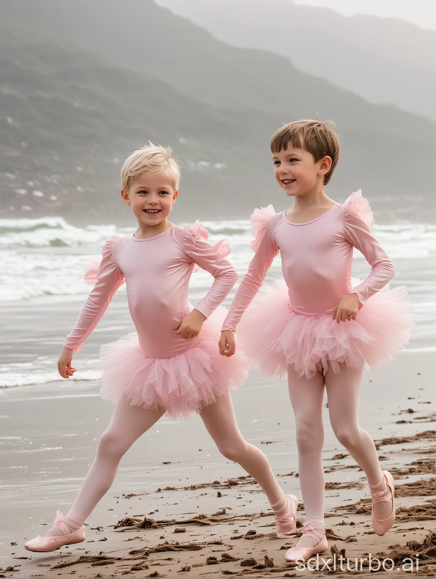 (((Gender role reversal))), A few short-haired 8-year-old boys running gaily along a beach shoreline in silky pink ballerina leotards with sleeves and frilly tutus, energetic