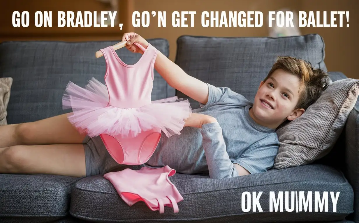 (((Gender role reversal))), a cute 10-year-old boy wearing a pair of grey underwear and a grey t-shirt is lying on a sofa, the is picking up his empty pink leotard and tutu dress ready to get changed, top captions “Go on Bradley, go’n get changed for ballet!”, bottom captions “ok mummy.”