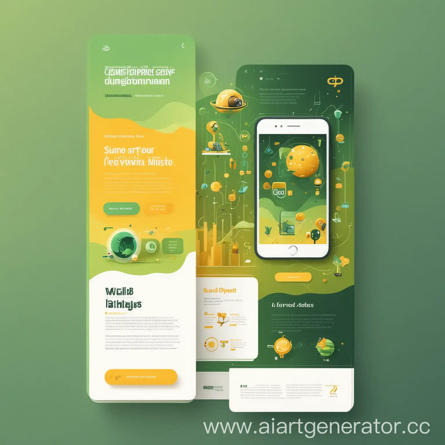 professional website landing page for mobile application development studio on Flatter, Bright colors, Green, Golden, ui, ux, ui/ux, website, landing page, figma, high-quality graphics, Poster design style of popular science films illustration,navigation menus