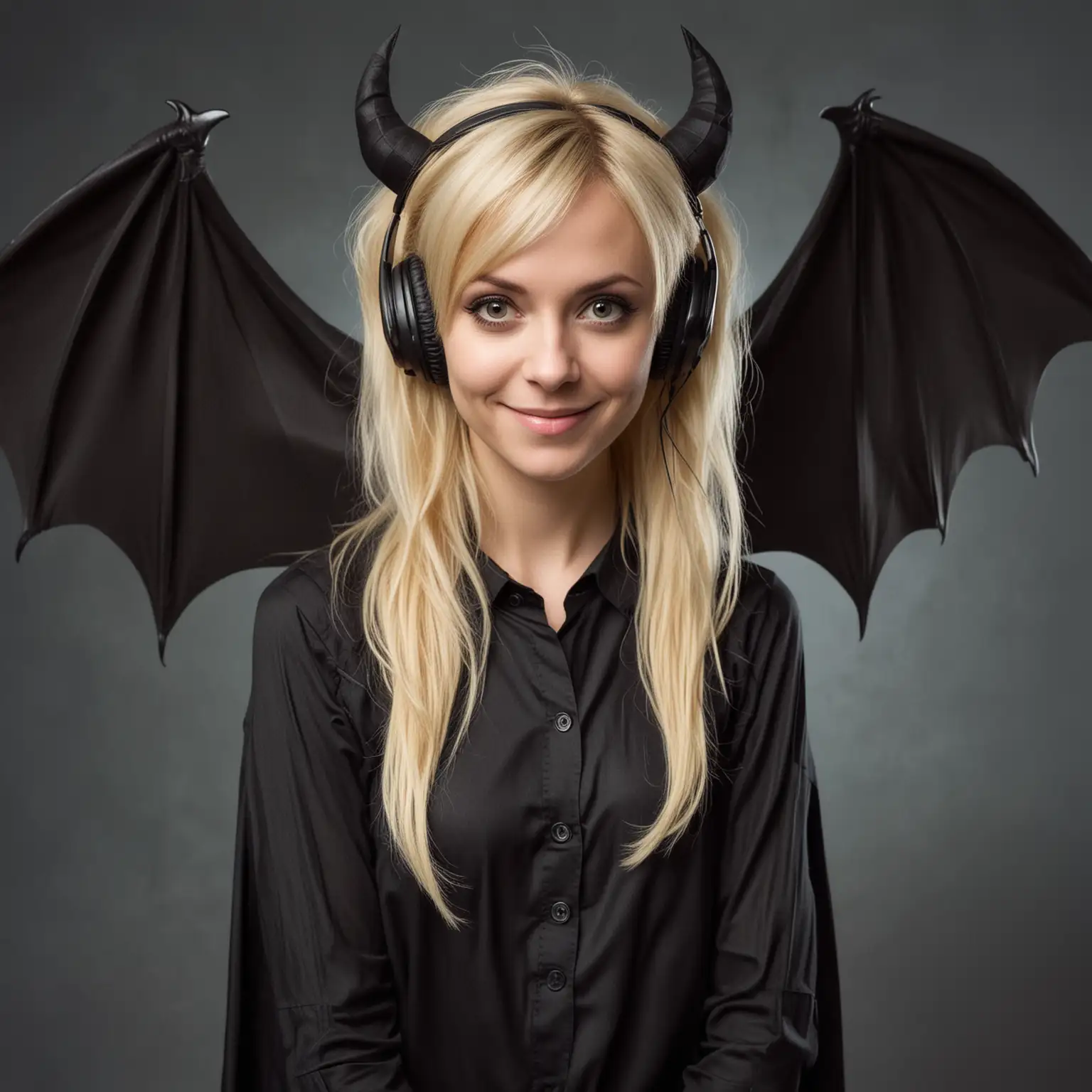 A 45 year old, blonde Icelandic, nerdy, petite emo woman, with horns on her head, big bat wings wrapped around her, pointed tail, who dresses modestly. She has a wry smile and some headphones in her hands