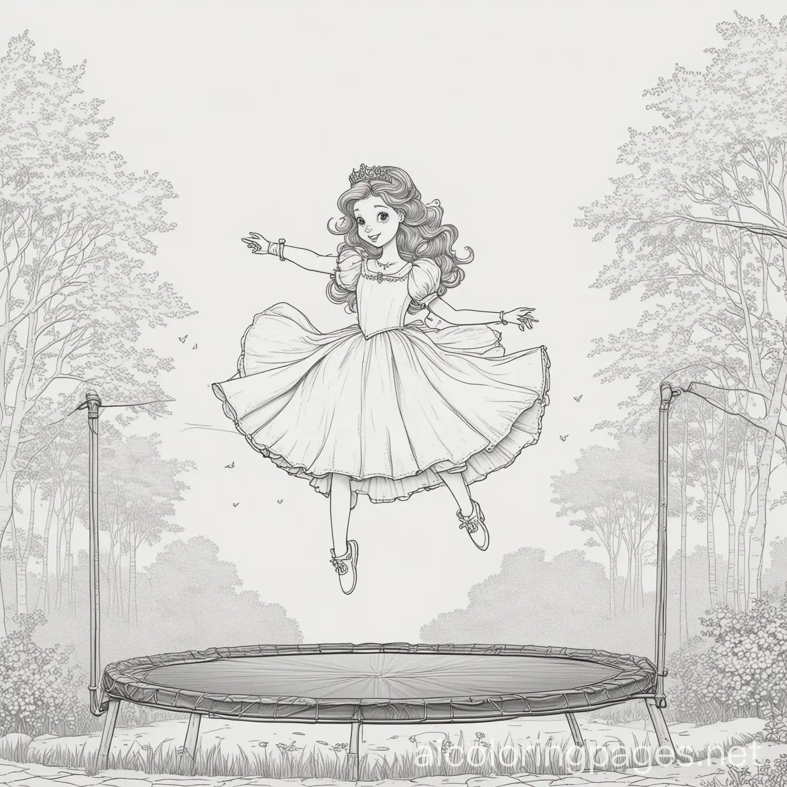 princess on a trampoline, Coloring Page, black and white, line art, white background, Simplicity, Ample White Space. The background of the coloring page is plain white to make it easy for young children to color within the lines. The outlines of all the subjects are easy to distinguish, making it simple for kids to color without too much difficulty